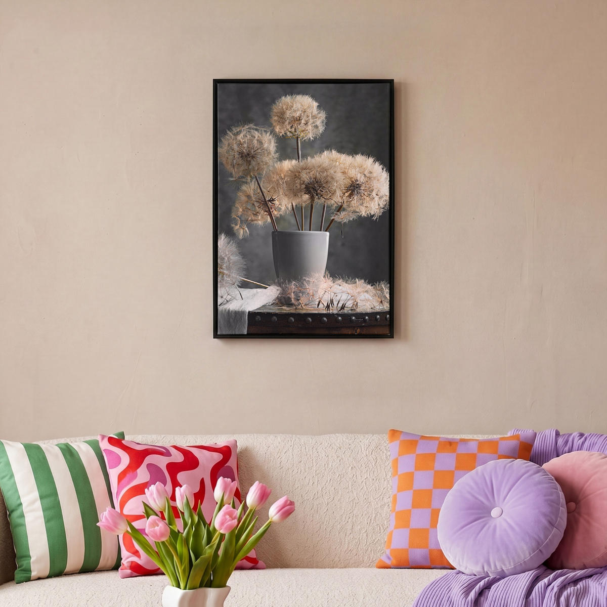 LEINWAND Bilder mit Rahmen - Blumensamen - Löwenzahn - Vase - Stilleben - Blumenstrauß - 40x60 - Dunkelgrau, Textil (40/60cm) - MuchoWow