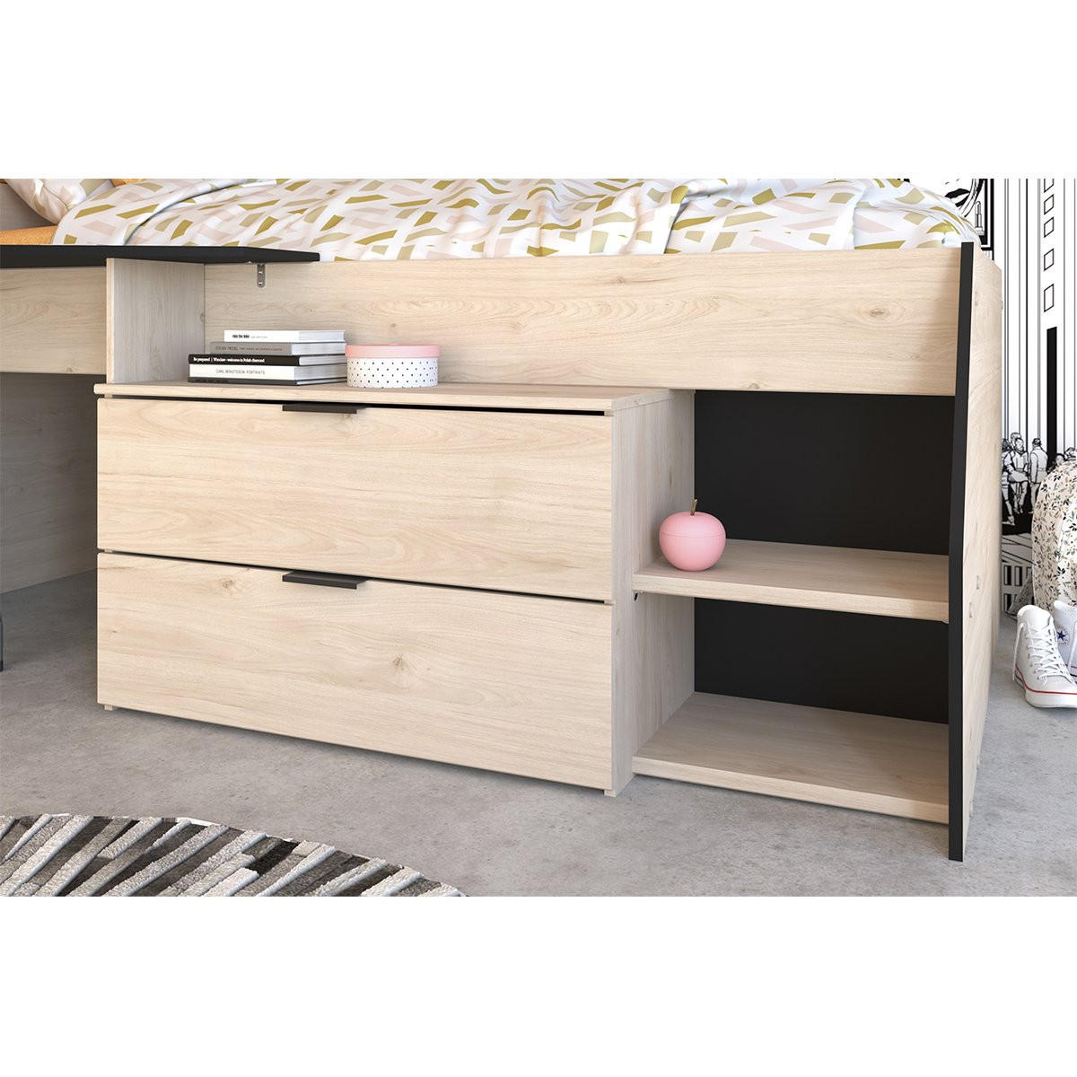KOMBI-BETT mit Schreibtisch und 2 Schubladen - 90x200 cm - Milky - Apfelbaumfarben, Holzwerkstoff (90/200cm) - Calicosy