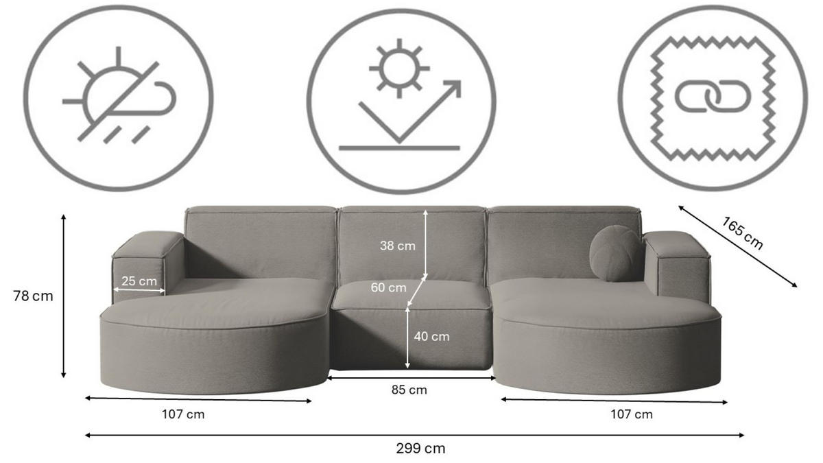 GARTENECKSOFA U-Form Garten Modena Studio Sofa-U Patio Hellgrau - Hellgrau, Holz/Textil (165/78/299cm) - Kaiser Möbel