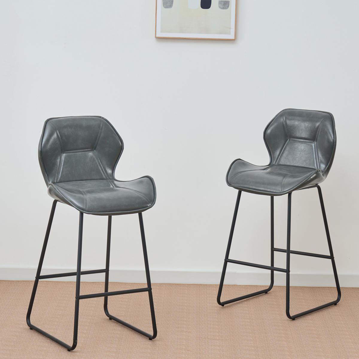 BARHOCKER 2er-Set Grau mit Kunstleder Rückenlehne und Fußstütze - Grau, Metall (48.5/91.5/47cm) - PANGIVO