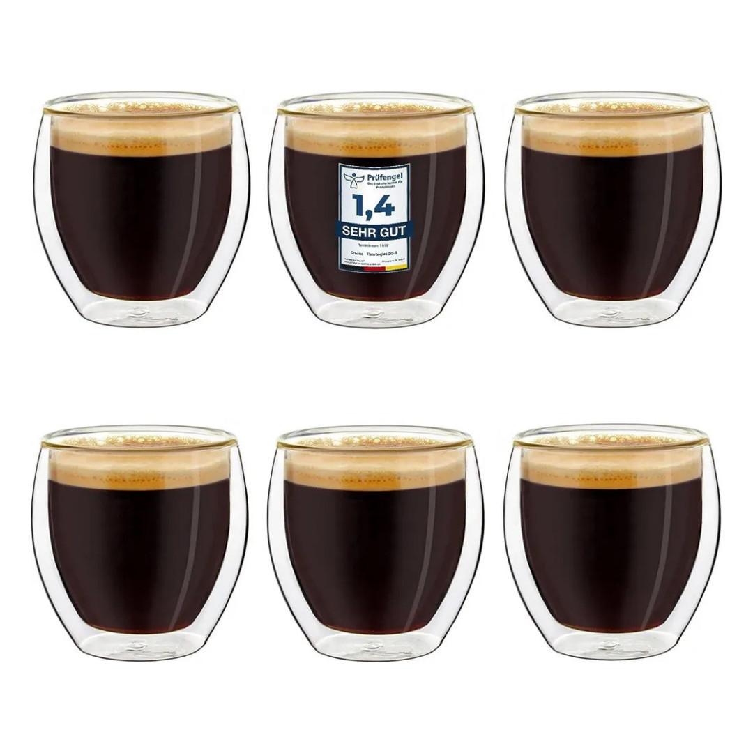 THERMOGLÄSER Transparent 6-tlg, doppelwandig, 80 ml, Borosilikatglas, hitzebeständig, Trinkgläser, Espressogläser, Heißgetränke, Küchenzubehör, modern - Transparent, Glas - JUNG