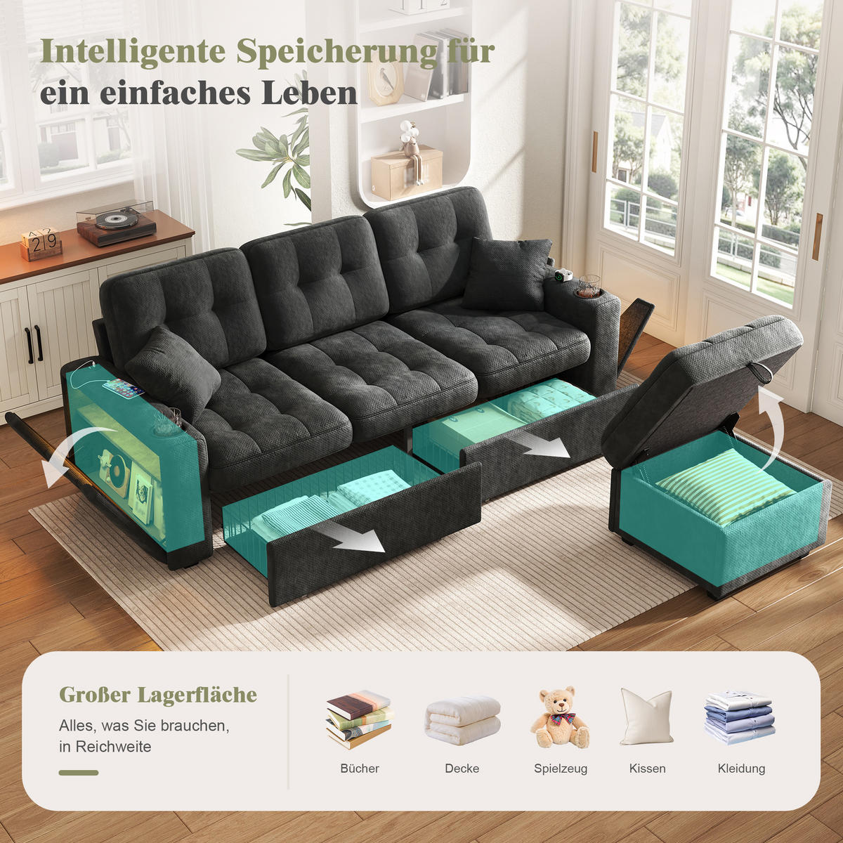BIGSOFA mit Stauraum-Hocker, USB-C, LED und Becherhaltern aus Chenille - Schwarz, Textil (194.5/83/133cm) - EVRYAE