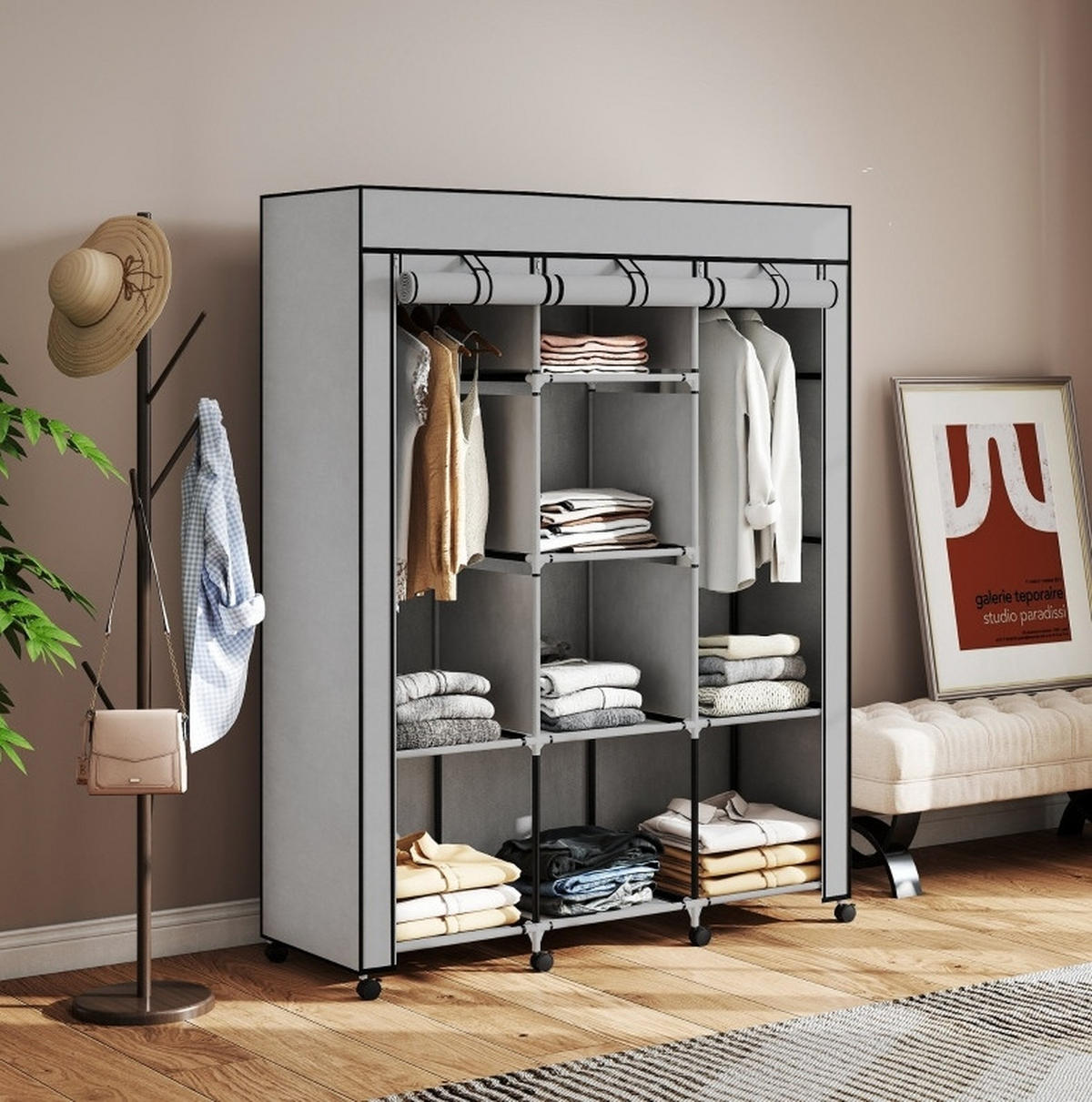 KLEIDERSCHRANK aus Stoff 125x43x162,5 cm Hellgrau mit 8 Fächern, 2 Kleiderstangen und Staubschutz - Hellgrau, Textil (125/162.5/43cm) - Modfu