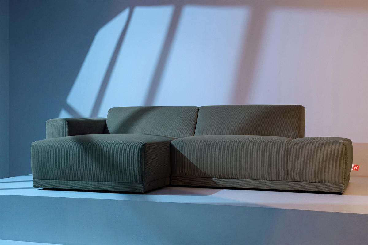 ECKSOFA-LINKS MUDI in moderner Optik mit hochwertigem Kaltschaum, Cord-Stoff, khaki - Schwarz/Grün, Textil (280/160cm) - KONSIMO®