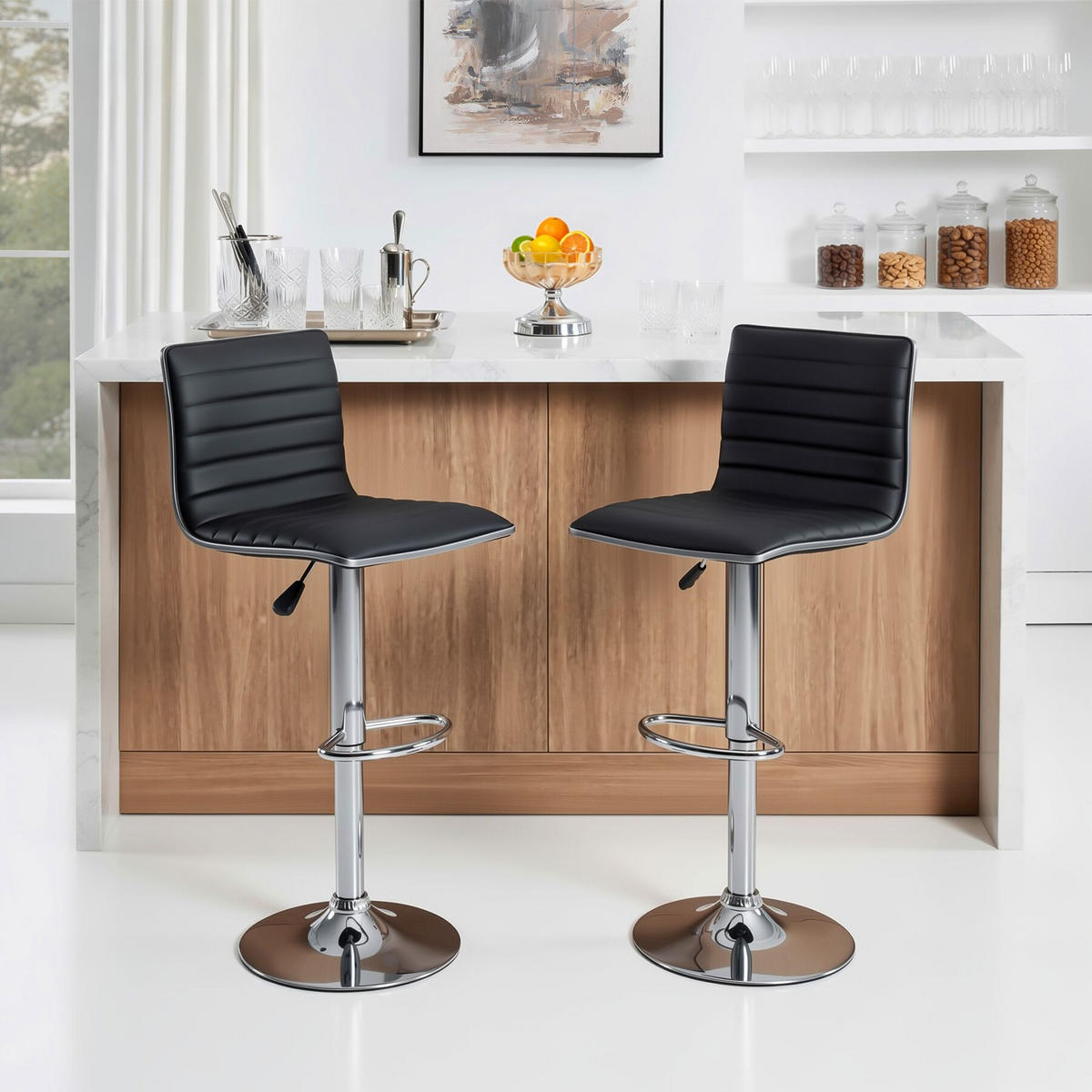 BARHOCKER 2er Set Johannes, Sitzhöhe 60 - 81 cm, schwarz - Schwarz, Leder/Textil (40/109/38cm) - tectake