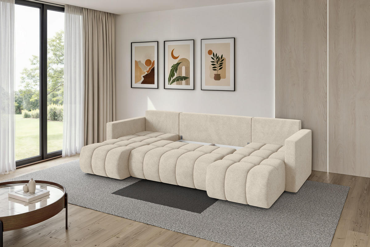 SEDACÍ SOUPRAVA DO U s funkcí spaní a úložným prostorem GARD-U 300x146x85 krémová velur - černá/krémová, kompozitní dřevo/textil (300/85/146cm) - ALTDECOR