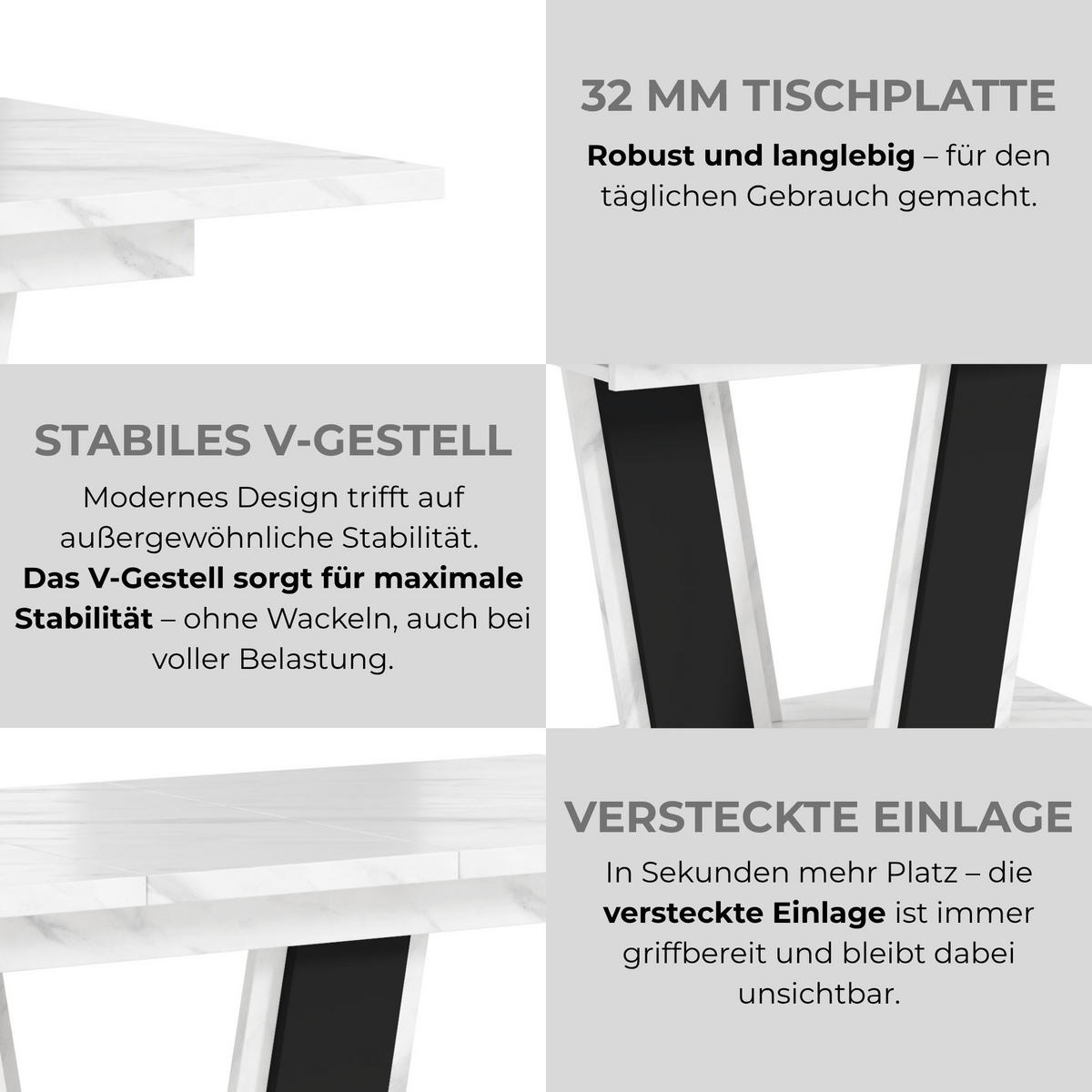 ESSTISCH Ausziehbar von 120 bis 160 cm in Weißer Marmor-Optik - Weiß Hochglanz, Holzwerkstoff (80/160/75cm) - Home Collective