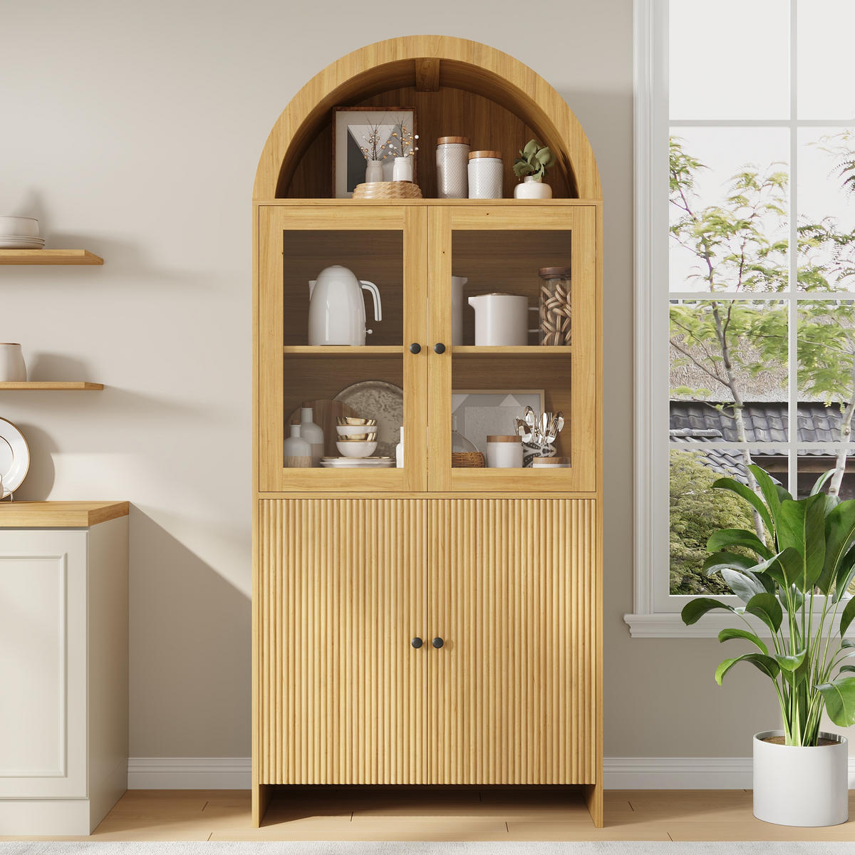 SIDEBOARD Bogen Glas Vitrine Wellenmuster - Naturfarben, Holzwerkstoff (78/176/40cm) - Fortuna Lai