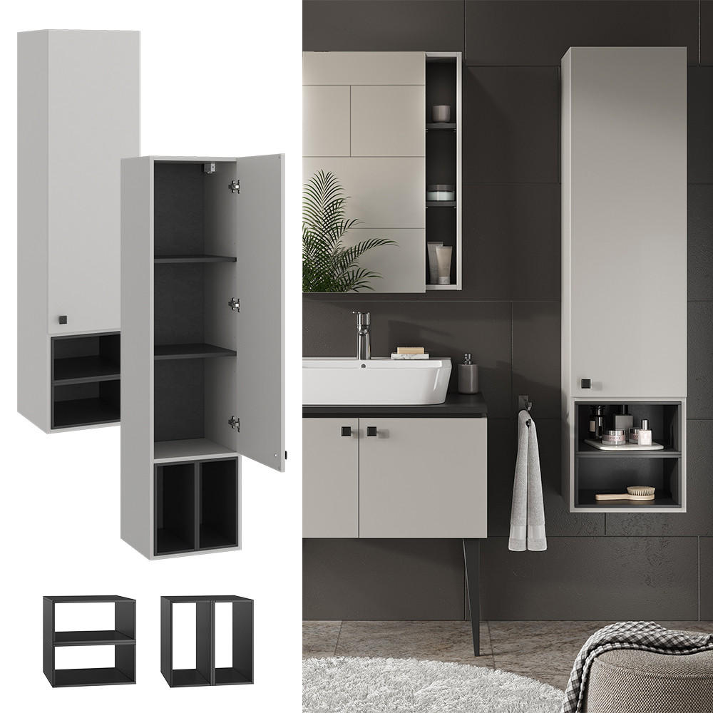 BADSCHRANK Gerta Grau 37.5 x 150 cm mit Tür und offenen Fächern - Grau, Holzwerkstoff (37.5/150/35cm) - Vicco