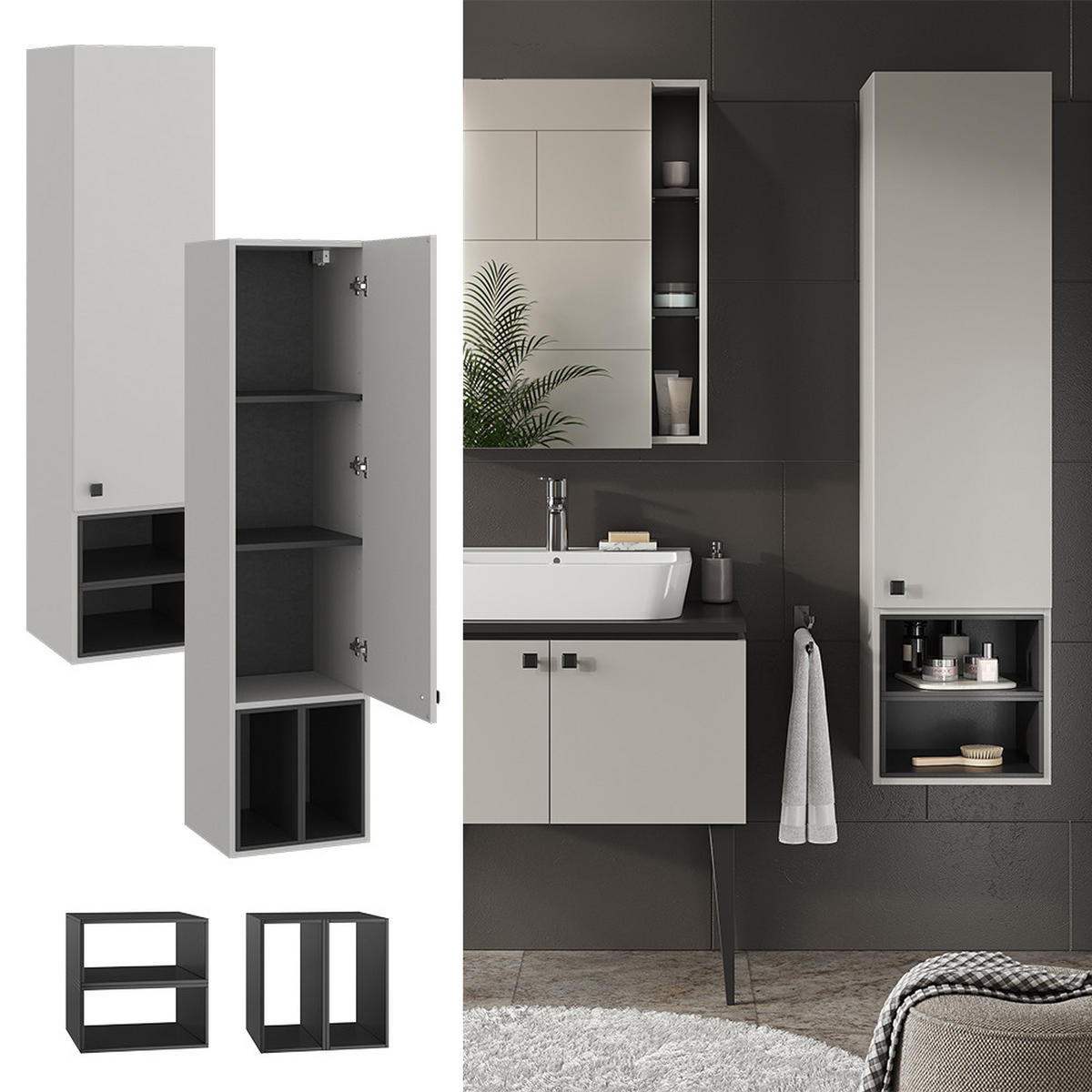 BADSCHRANK Gerta Grau 37.5 x 150 cm mit Tür und offenen Fächern - Grau, Holzwerkstoff (37.5/150/35cm) - Vicco