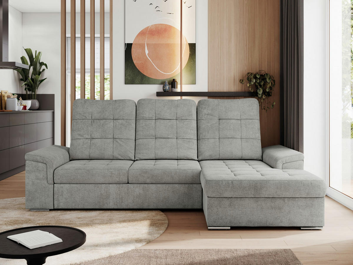 ECKSOFA MADRITO L - Hellgrau Struktur - Rechts - Silberfarben/Hellgrau, Textil/Metall (256/160cm)