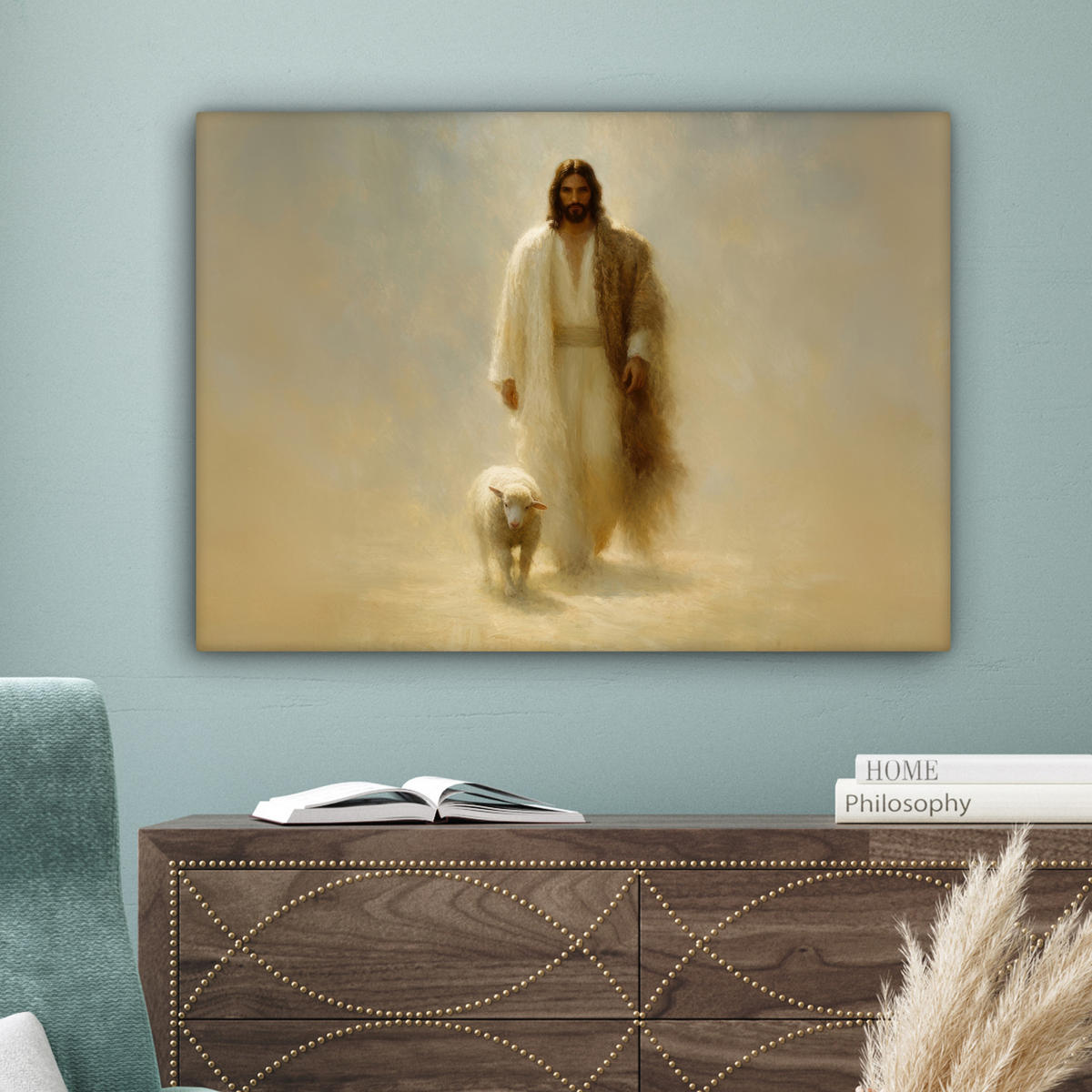 LEINWANDBILD Schaf - Jesus - Pinselstriche - Abstrakt Wandbilder 80x60 cm - Sandfarben, Textil (80/60cm) - MuchoWow