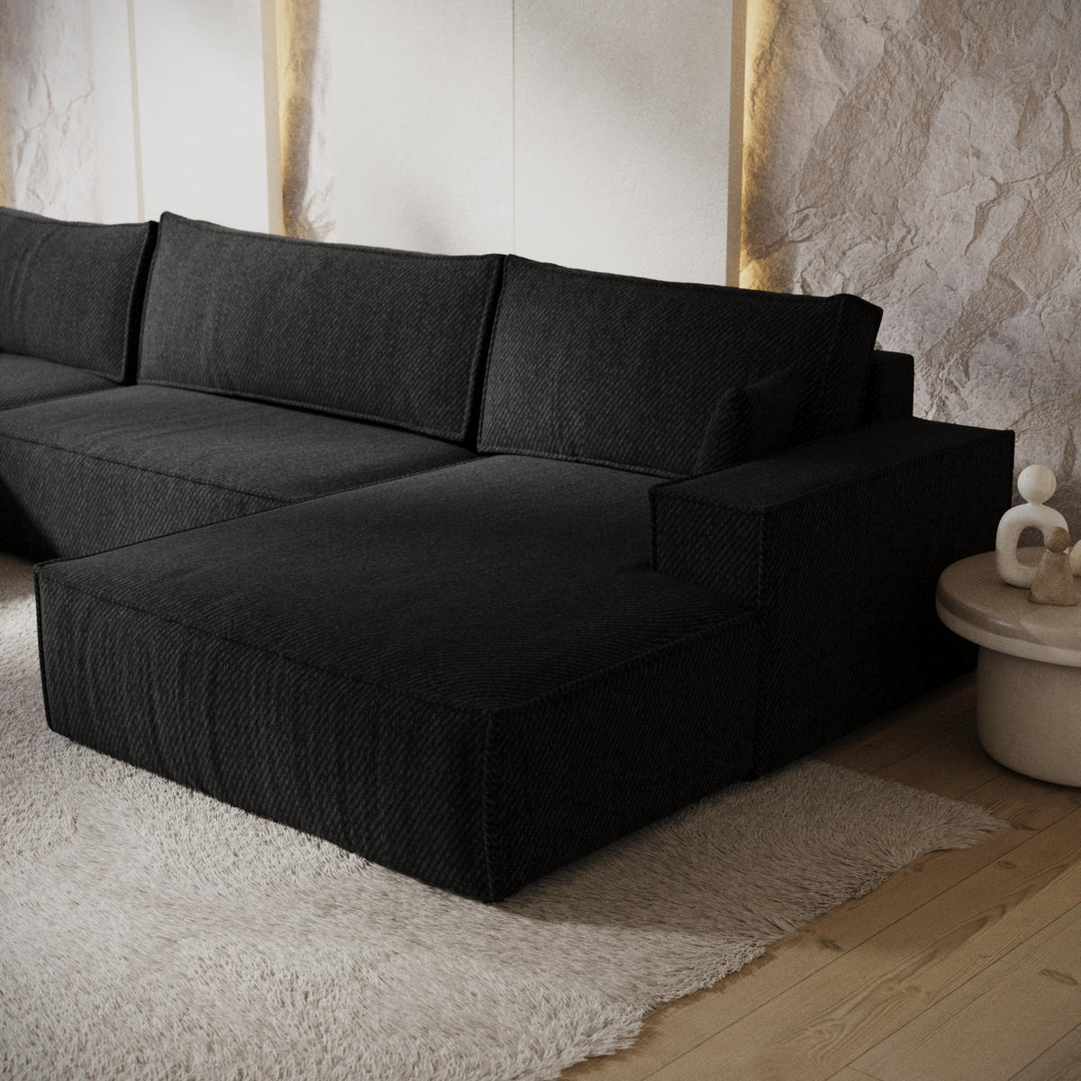 WOHNLANDSCHAFT NUBO mit Schlaffunktion Creme im Neve Stoff - Schwarz, Holz/Holzwerkstoff (398/70/148cm) - AltaBeds