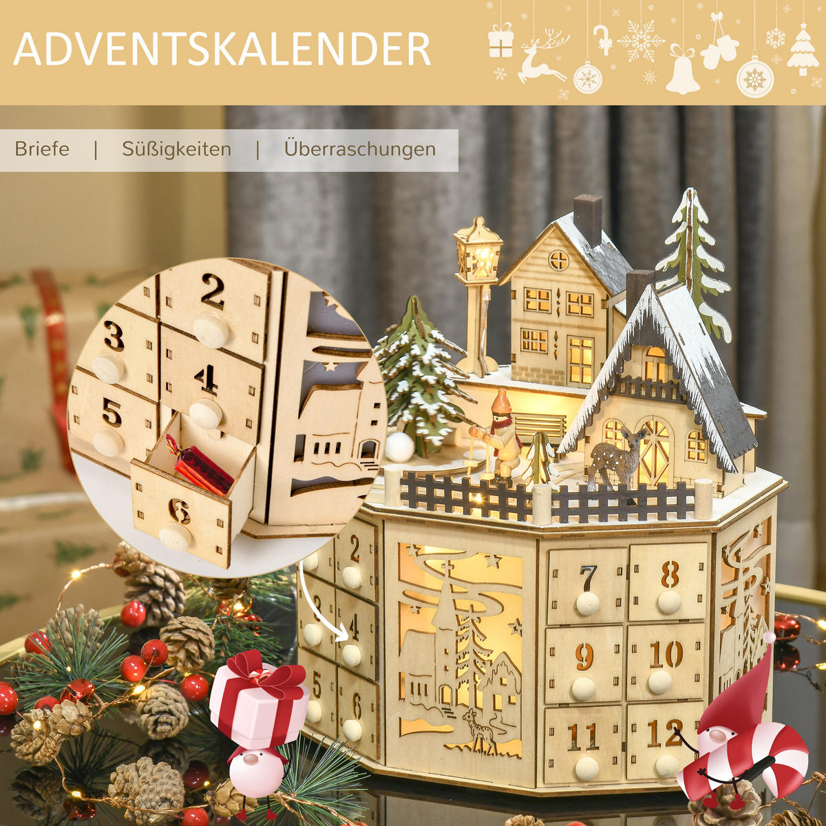 ADVENTSKALENDER Adventskalenderbox mit LED-Lichtern 24 Schubladen Natur - Naturfarben, Holz (20/29/25cm) - HOMCOM