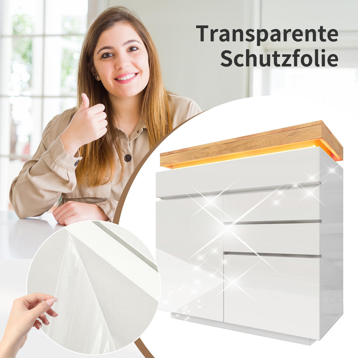 KOMMODE Vitrinenschrank Hochglanz LED Touch Steuerung verstellbare Böden Soft Rollenschiene Kippschutz - Weiß, Holzwerkstoff (110/115/39cm) - EVRYAE