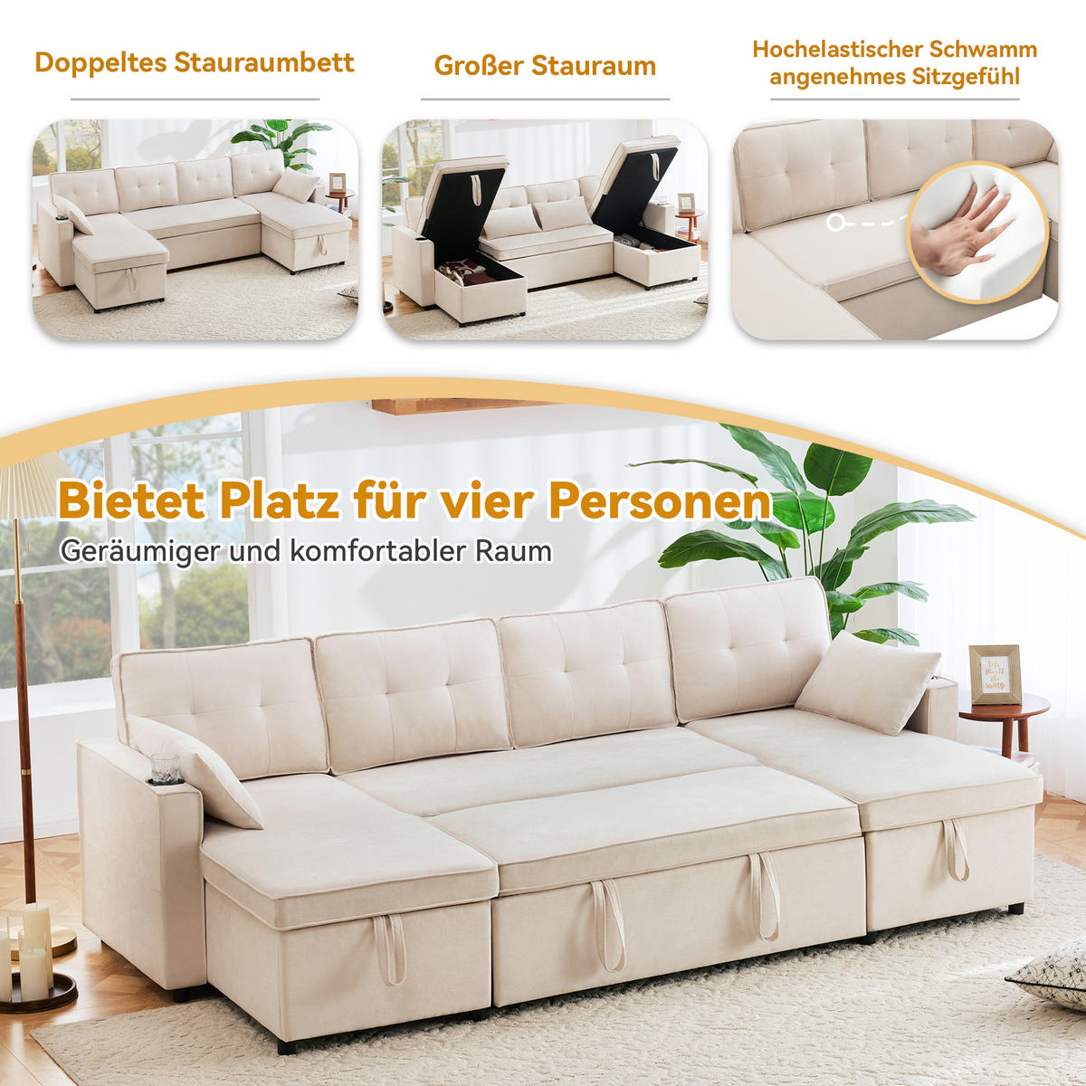SCHLAFSOFA U-Form, Baumwoll-Leinenstoff mit Stauraum & Getränkehaltern, 270/130/86 cm, Beige - Beige, Textil (130/86/270cm) - Redom