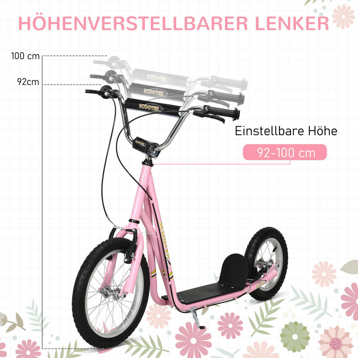 KINDERROLLER, Schwarz/Rosa, Stahl+ Gummi - Rosa, Metall (135/58/100cm) - HOMCOM