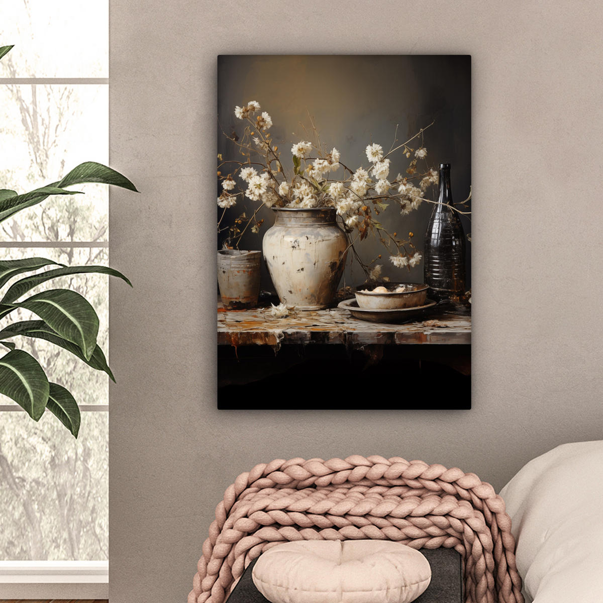 LEINWANDBILD Stilleben - Blumen - Blumenstrauß - Vase - Wein Wandbild Wohnzimmer 60x80 cm - Schwarz, Textil (60/80cm) - MuchoWow