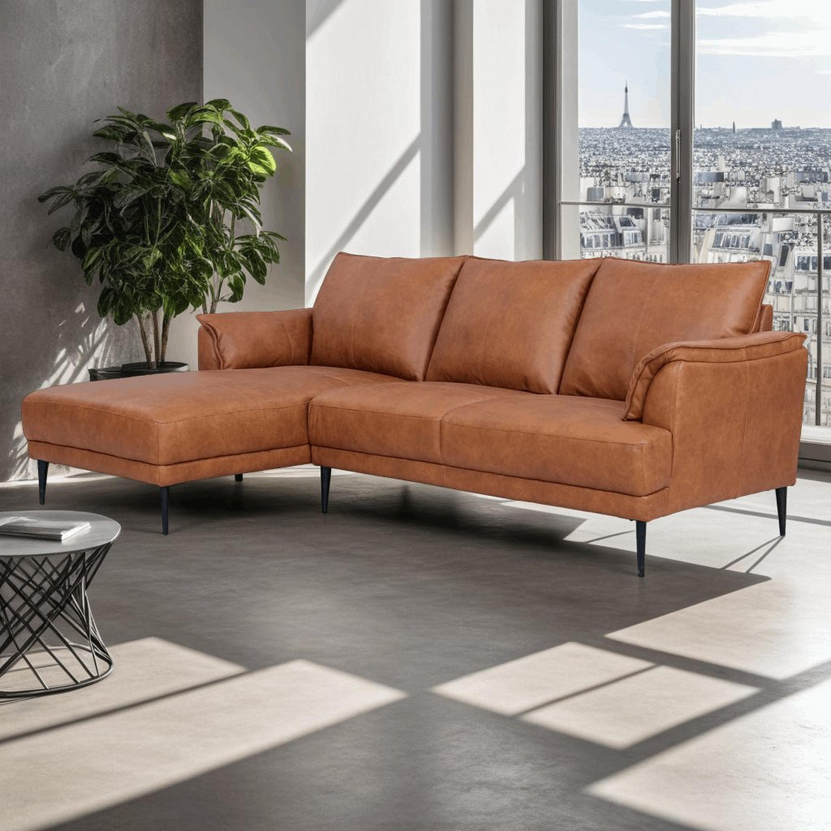 ECKSOFA Echtleder Cognac Braun - Schwarz/Braun, Leder/Metall (233/155cm) - Furnhouse