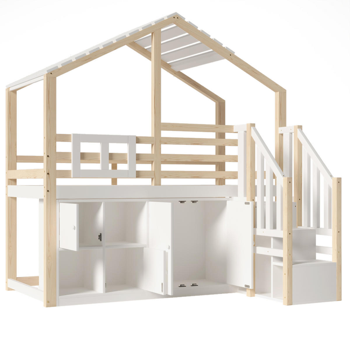 HOCHBETT 90/200 cm Hausform mit Stauraumleiter in Weiß + Natur - Weiß, Holz (90/200cm) - OKWISH