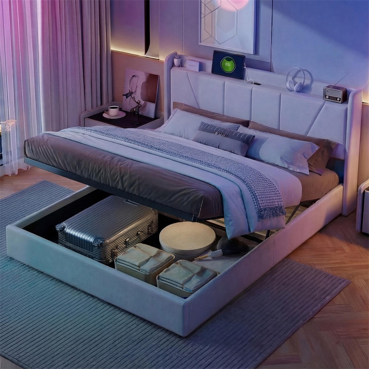 POLSTERBETT 160x200 cm - Hydraulisches Stauraumbett mit USB- und Type-C-Ladefunktion - ohne Matratze - Beige - Beige, Textil (160/200cm) - DELFA
