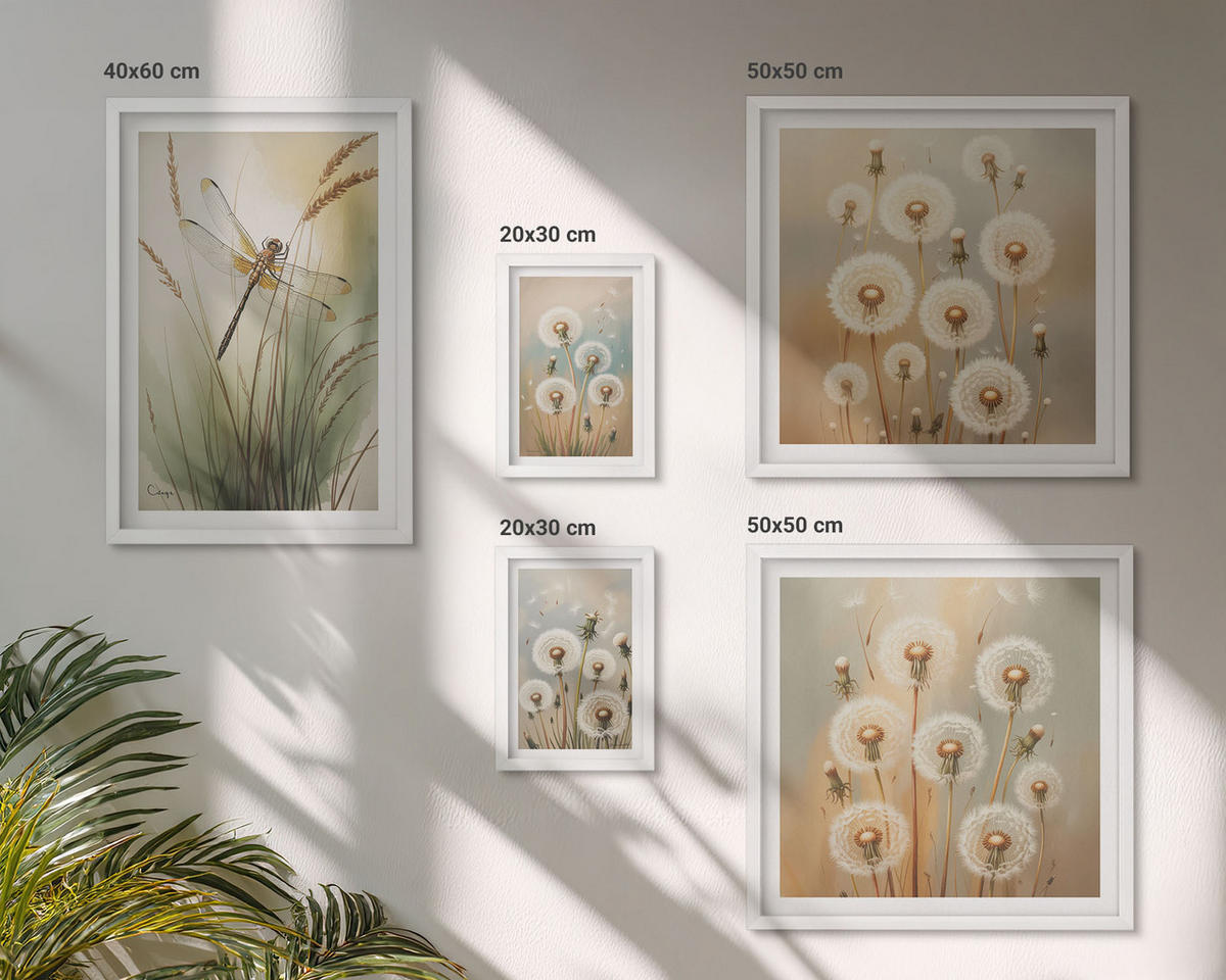 BILDER SET 5er Set - 50x50 cm & 20x30 cm & 40x60 cm Weißer Rahmen - Weiße Löwenzahnblüten auf hellem Hintergrund - Weiß, Kunststoff (40/60cm) - TULUP