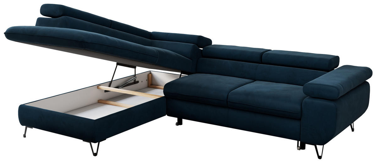ECKSOFA PETER L Dunkelblau Velvet - Links Seite - Schwarz/Dunkelblau, Textil/Metall (208/273cm) - MKS
