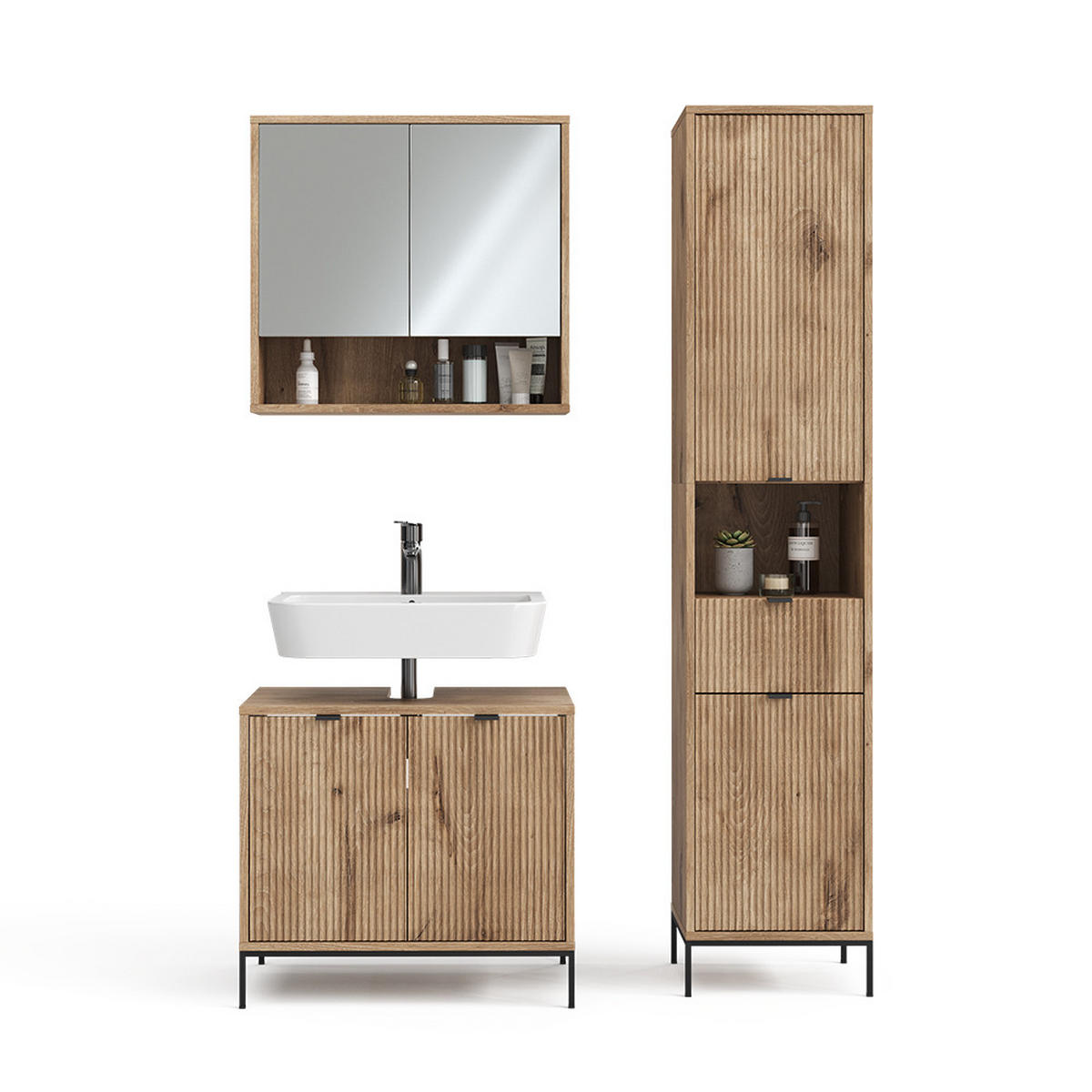 BADMÖBEL-SET Eliza Viking Oak 3 Teile, mit Hochschrank - Eiche Wotan, Holzwerkstoff (70/63/45cm) - Vicco