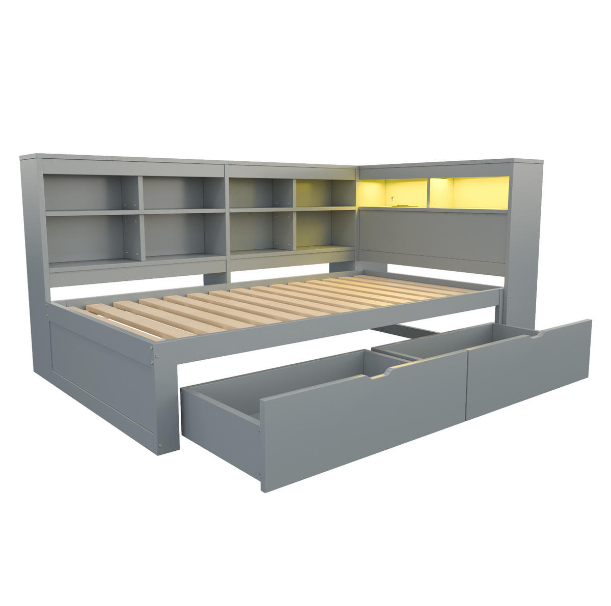 BETT 90/200 cm aus Massivholz mit Stauraum, LED und USB, Grau - Grau, Holzwerkstoff (90/200cm) - Flora Grace