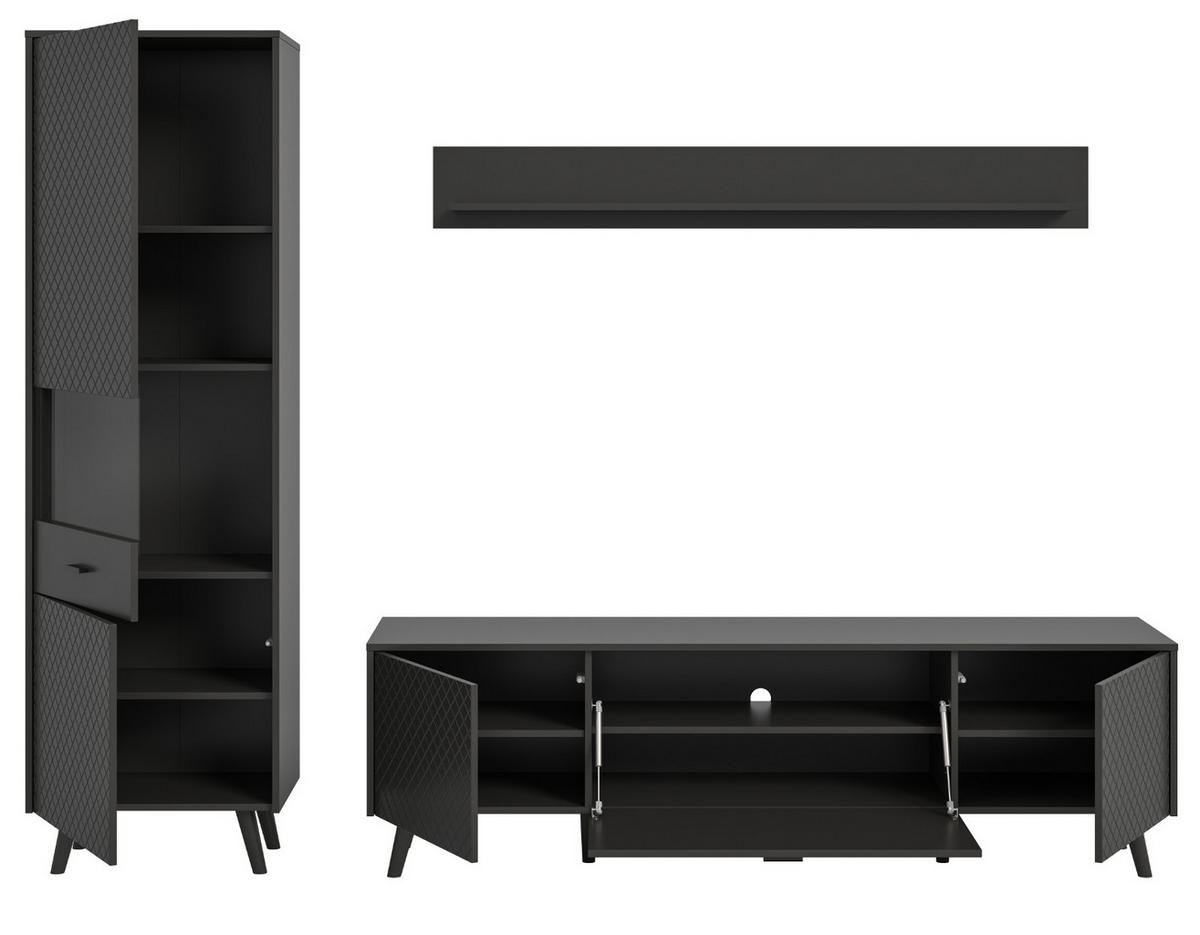 WOHNWAND grau matt 3-teilig 258 cm, Schrankwand mit Struktur - Schwarz/Grau, Glas/Holzwerkstoff (258/195/40cm) - Inn.Furn