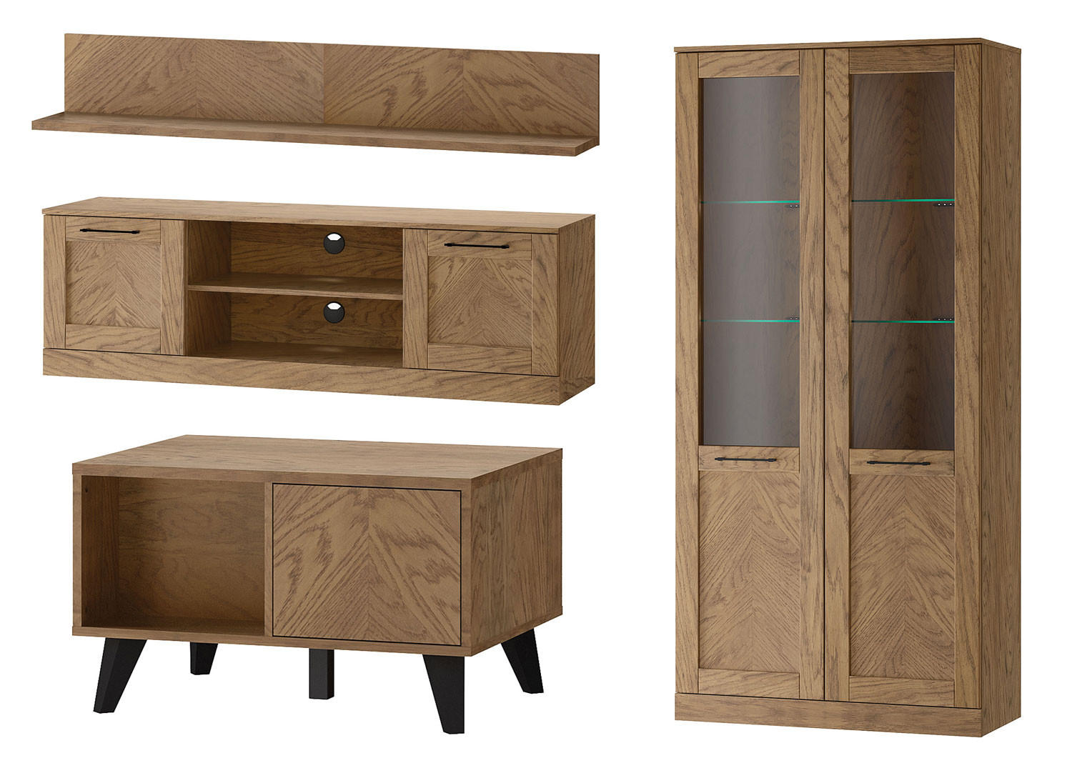 WOHNZIMMER-SET Cozy Eiche Rustikal 4-teilig - Eichefarben/Braun, Holz/Metall (255/200/60cm) - Feldmann-Wohnen