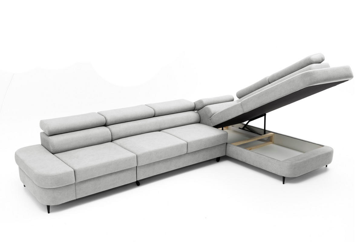 ECKSOFA PRIAM MAXI L-Form mit Schlaffunktion & Bettkasten, 6-Sitzer, 350cm, Verstellbare Kopfstützen, Ottomane Rechts - Hellgrau, Holz/Textil (350/203cm) - Muffo