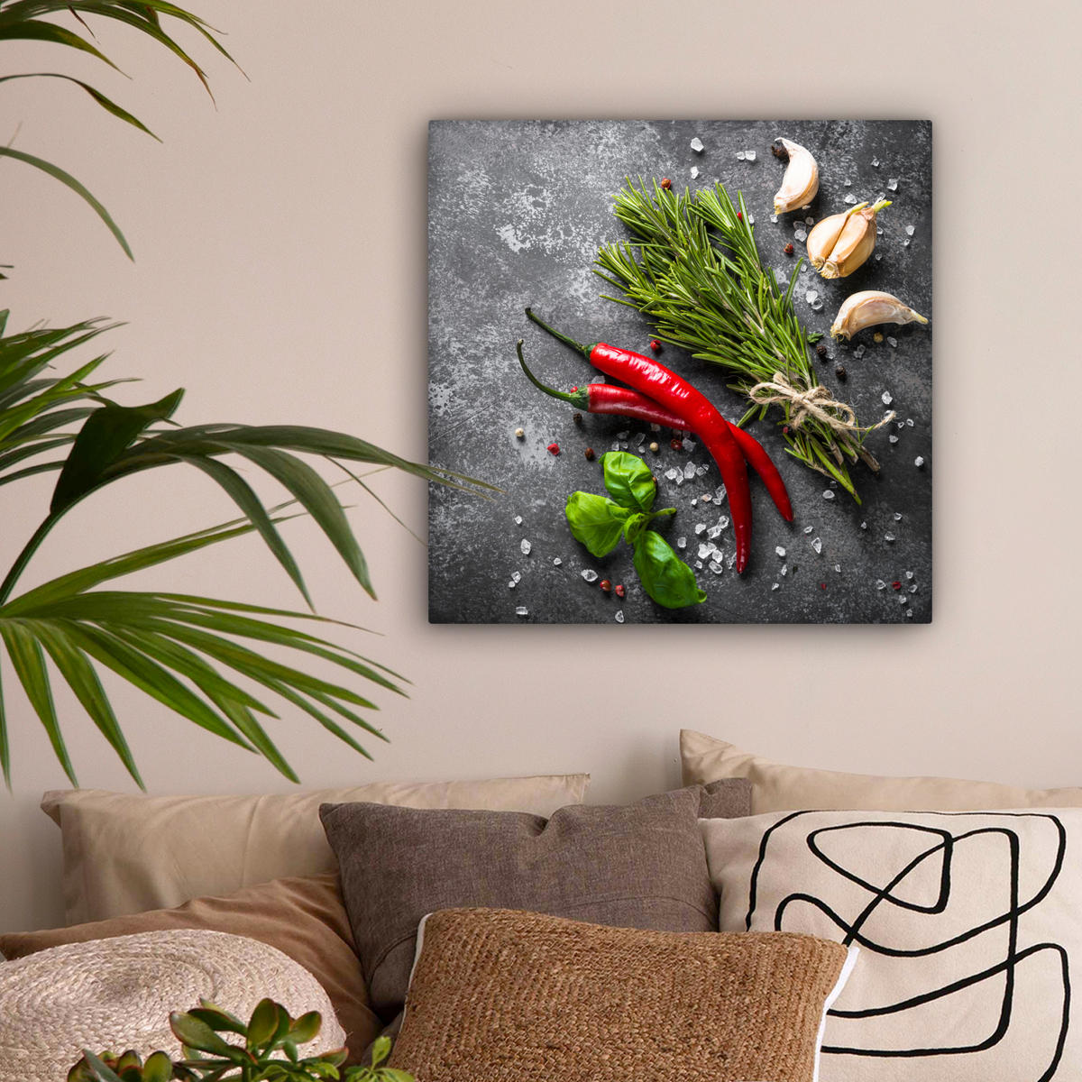 LEINWANDBILD Pfeffer - Kräuter - Gewürze - Beton Wandbild Wohnzimmer 50x50 cm - Dunkelgrau, Textil (50/50cm) - MuchoWow