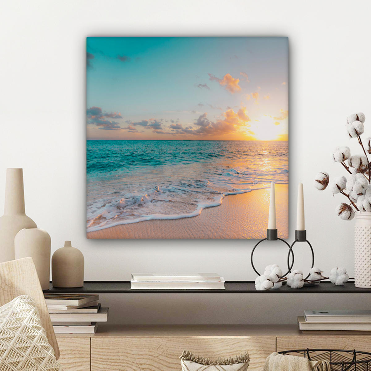 LEINWANDBILD - Sonnenuntergang - Strand - Meer - Sommer - Blau - 50x50 - Room Decor - Multicolor, Textil (50/50cm) - MuchoWow