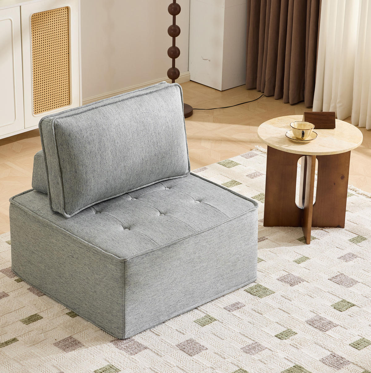 SOFA in Hellgrau aus Leinenstoff, flexibel kombinierbar - Hellgrau, Holzwerkstoff (81/81/81cm) - Flora Grace