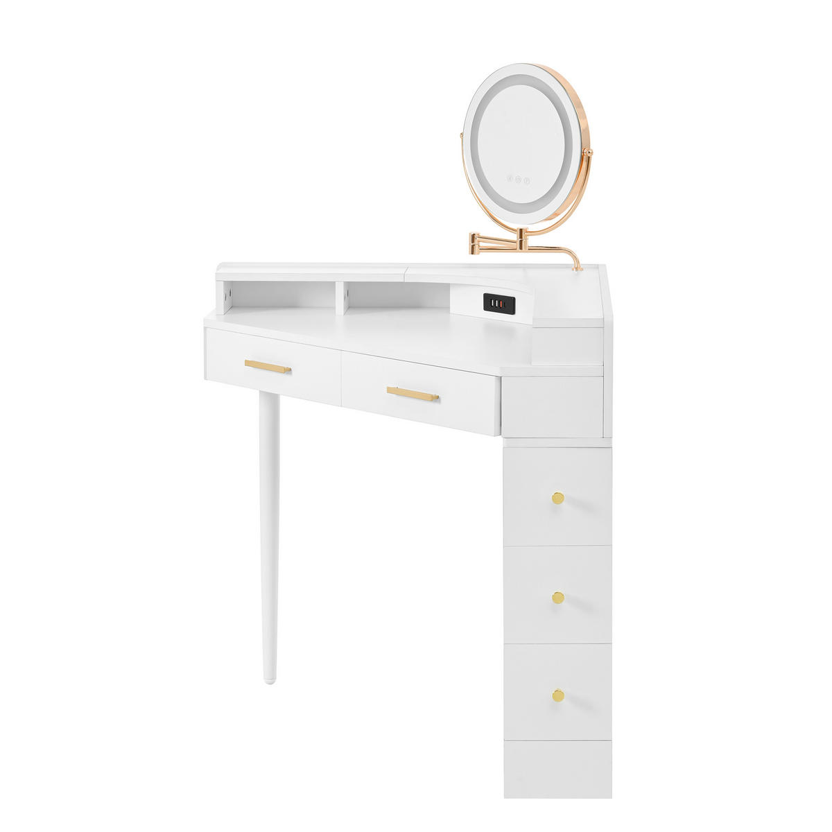 ECK-SCHMINKTISCH Weiß mit drehbarem LED-Spiegel (dimmbar), 5 Schubladen, USB & USB-C, moderner Frisiertisch, 105,5x75x120 cm - Weiß, Holz (75/120/105.5cm) - Ej. Life