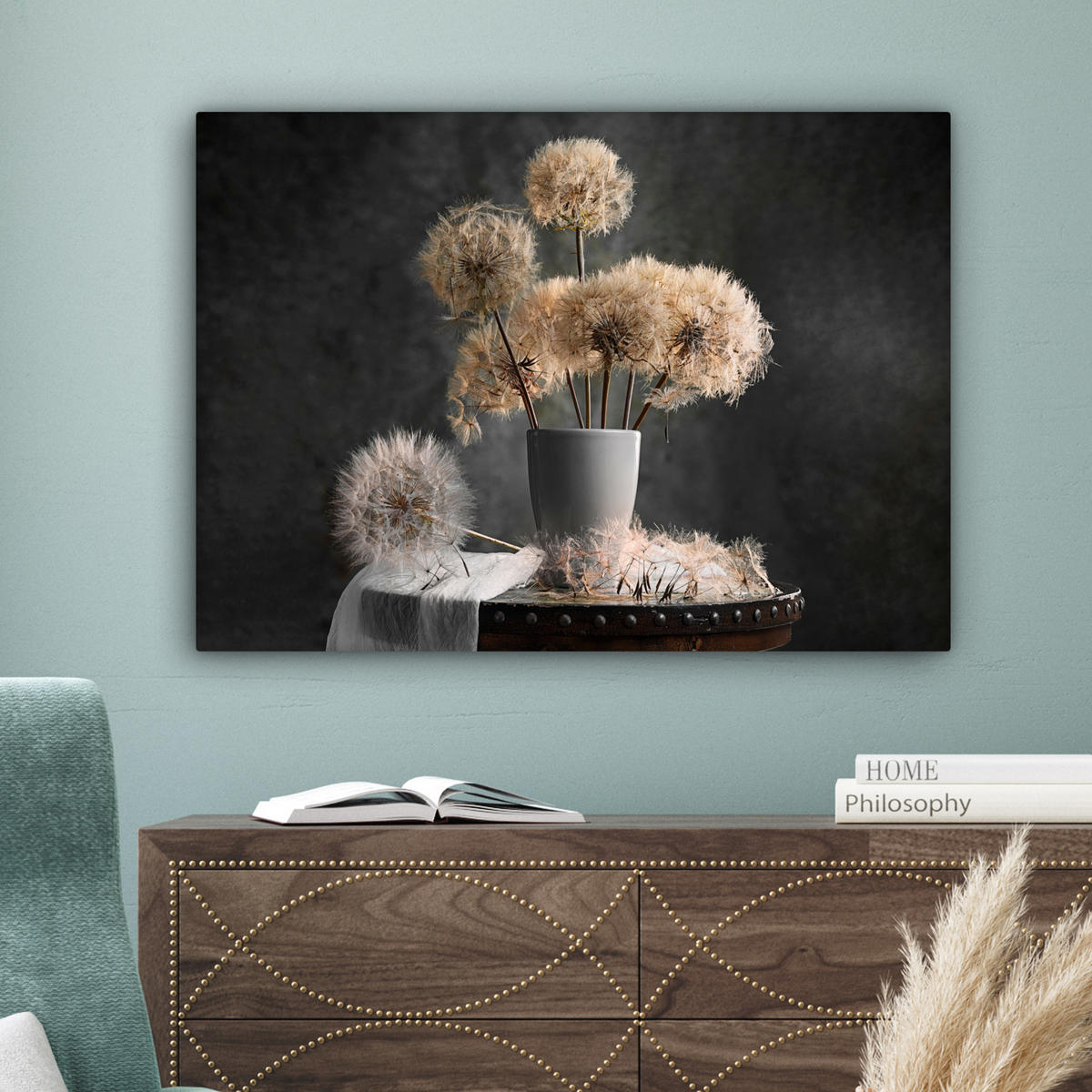 LEINWANDBILD Blumensamen - Löwenzahn - Vase - Stilleben - Blumenstrauß Wandbilder 80x60 cm - Dunkelgrau, Textil (80/60cm) - MuchoWow