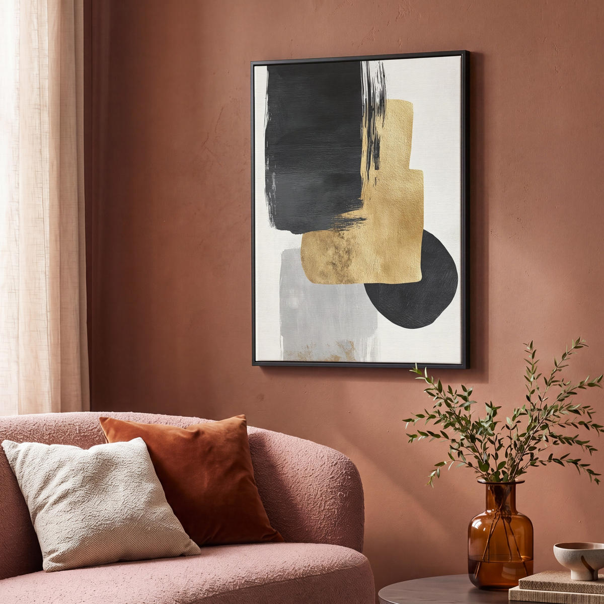 LEINWAND Bilder mit Rahmen - Gold - Rechtecke - Kreise - Abstrakt - 70x100 - Weiß, Textil (70/100cm) - MuchoWow