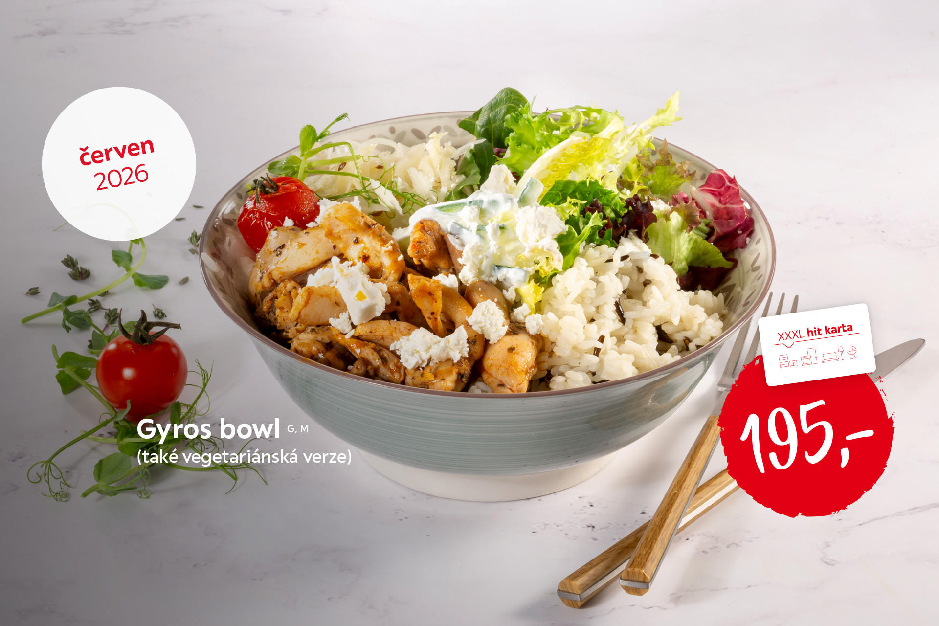Gyros bowl (také vegetariánská verze), 195 Kč, Platí celý červen 2026