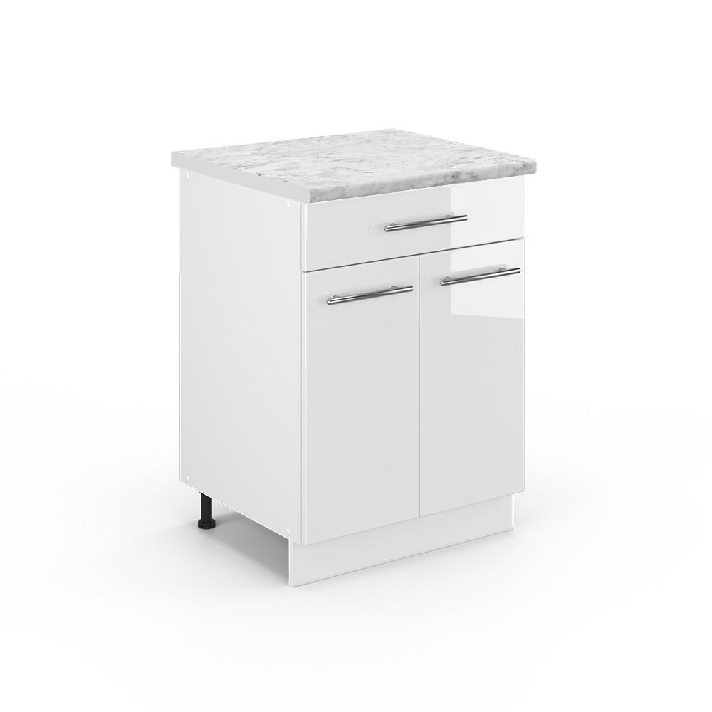 KÜCHENUNTERSCHRANK Fame-Line Weiß Hochglanz 60 cm mit Schublade AP Marmor - Weiß Hochglanz/Weiß, Holzwerkstoff (60/82/60cm) - Vicco