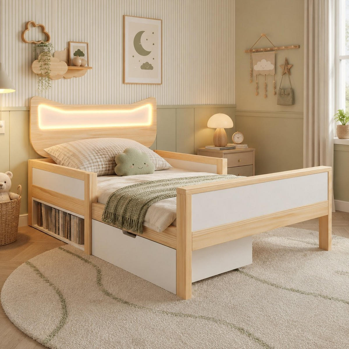 KINDERBETT 90/190 cm, Weiß/Eiche mit RGB-LED-Beleuchtung, Schublade, ohne Matratze - Weiß, Holz (90/190cm) - MIVRAY