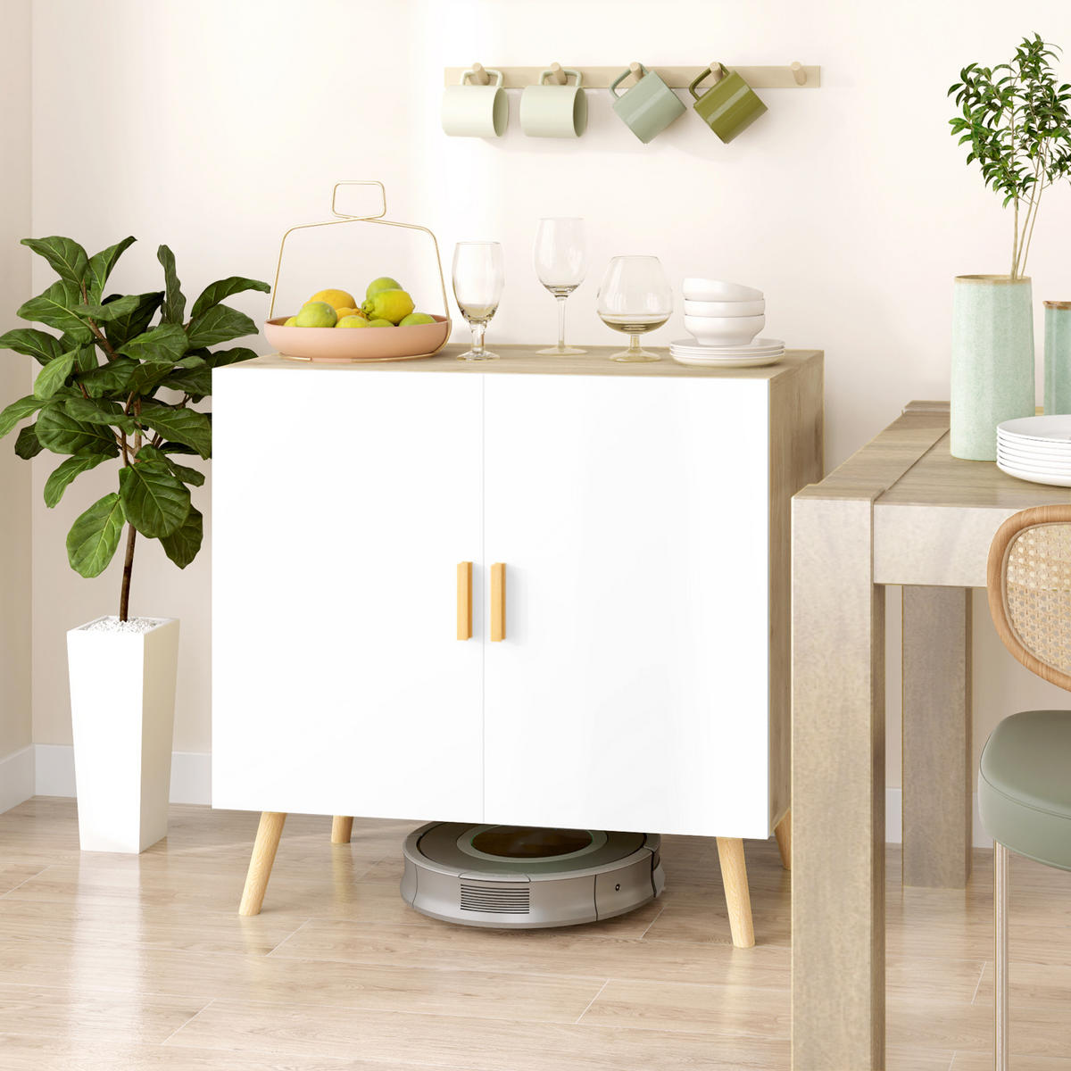 SIDEBOARD Weiß-Natur, Bambusgriffe, 76/41,2/74 cm - Naturfarben, Holz (76/74/41.2cm) - PANGIVO