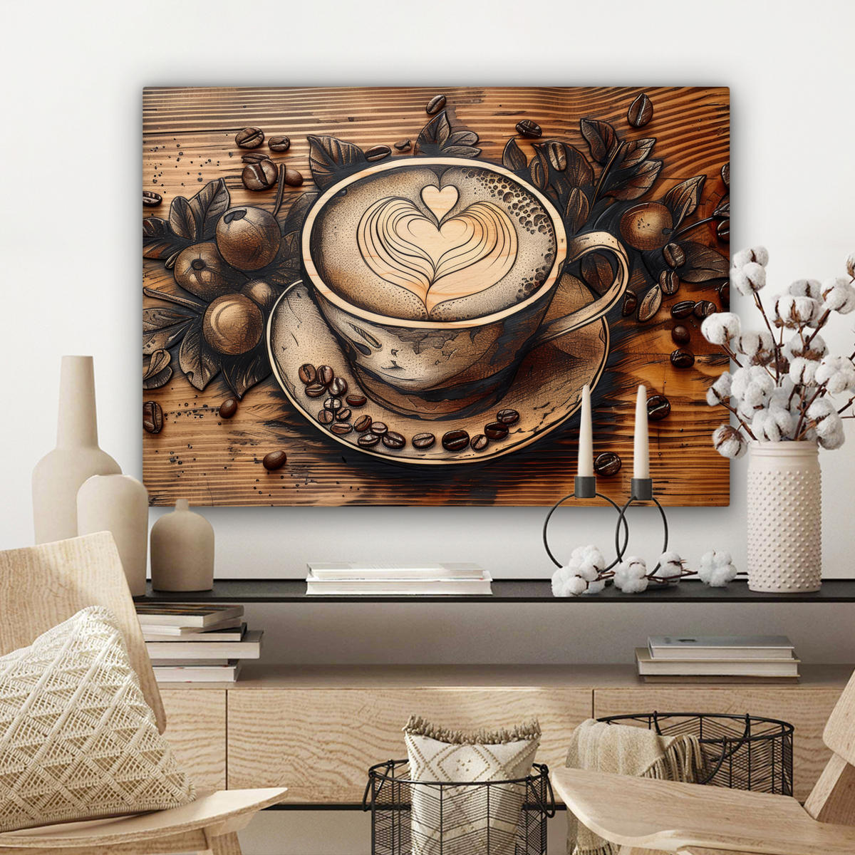 LEINWANDBILD Kaffee - Vintage - Braun - Tasse - Holz Wandbilder 80x60 cm - Braun, Textil (80/60cm) - MuchoWow
