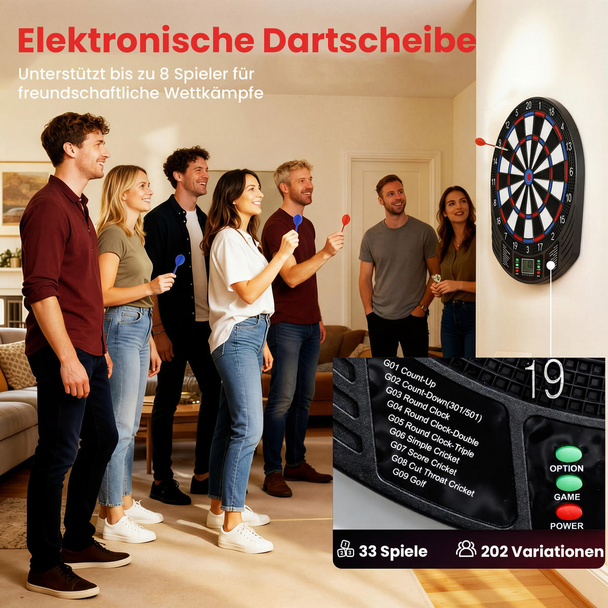 DARTBOARD DE-10843 mit LCD-Display für 1-8 Spieler Bunt - Multicolor, Kunststoff (41/47cm) - ComfortXL