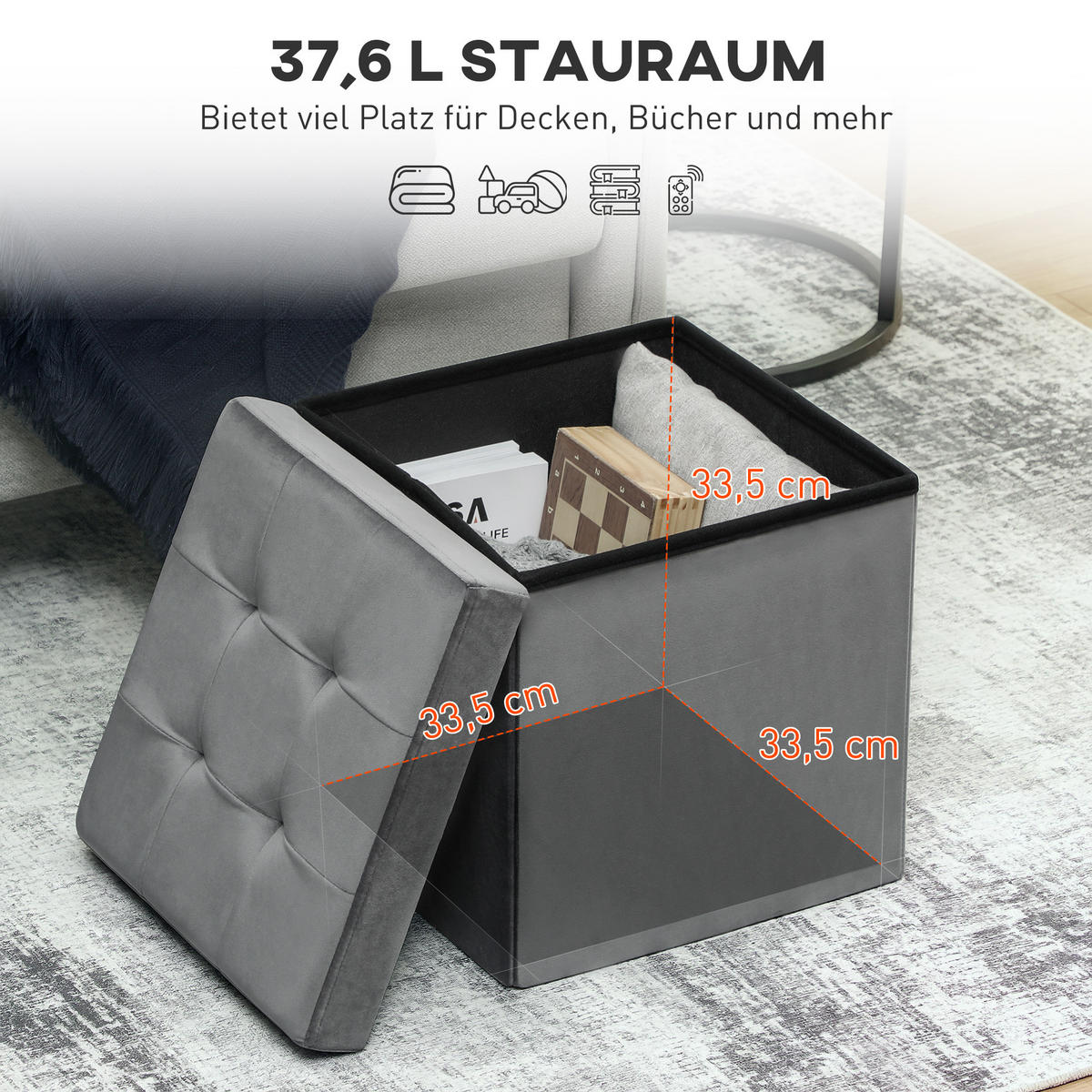 KLAPPBARER Sitzhocker mit Stauraum, Grau - Grau, Textil (38/38/38cm) - furnicato