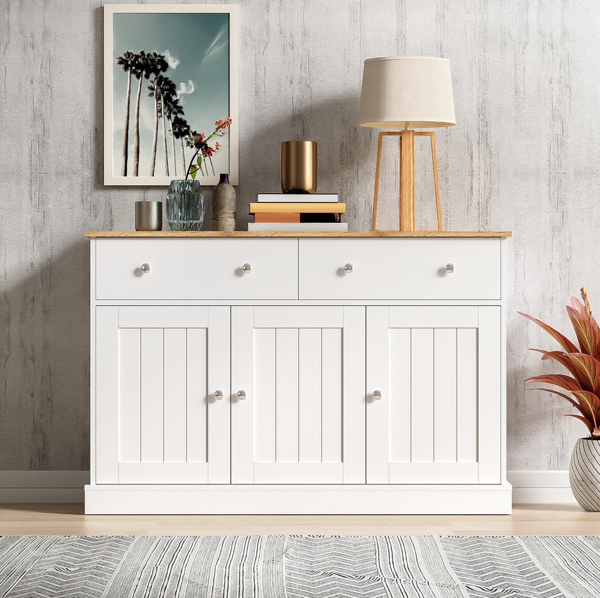 SIDEBOARD 120/36/80.5 cm Weiß und Holzfarbe aus Spanplatte mit 3 Türen und 2 Schubladen - Weiß, Holzwerkstoff (36/80.5/120cm) - OKMYHOME