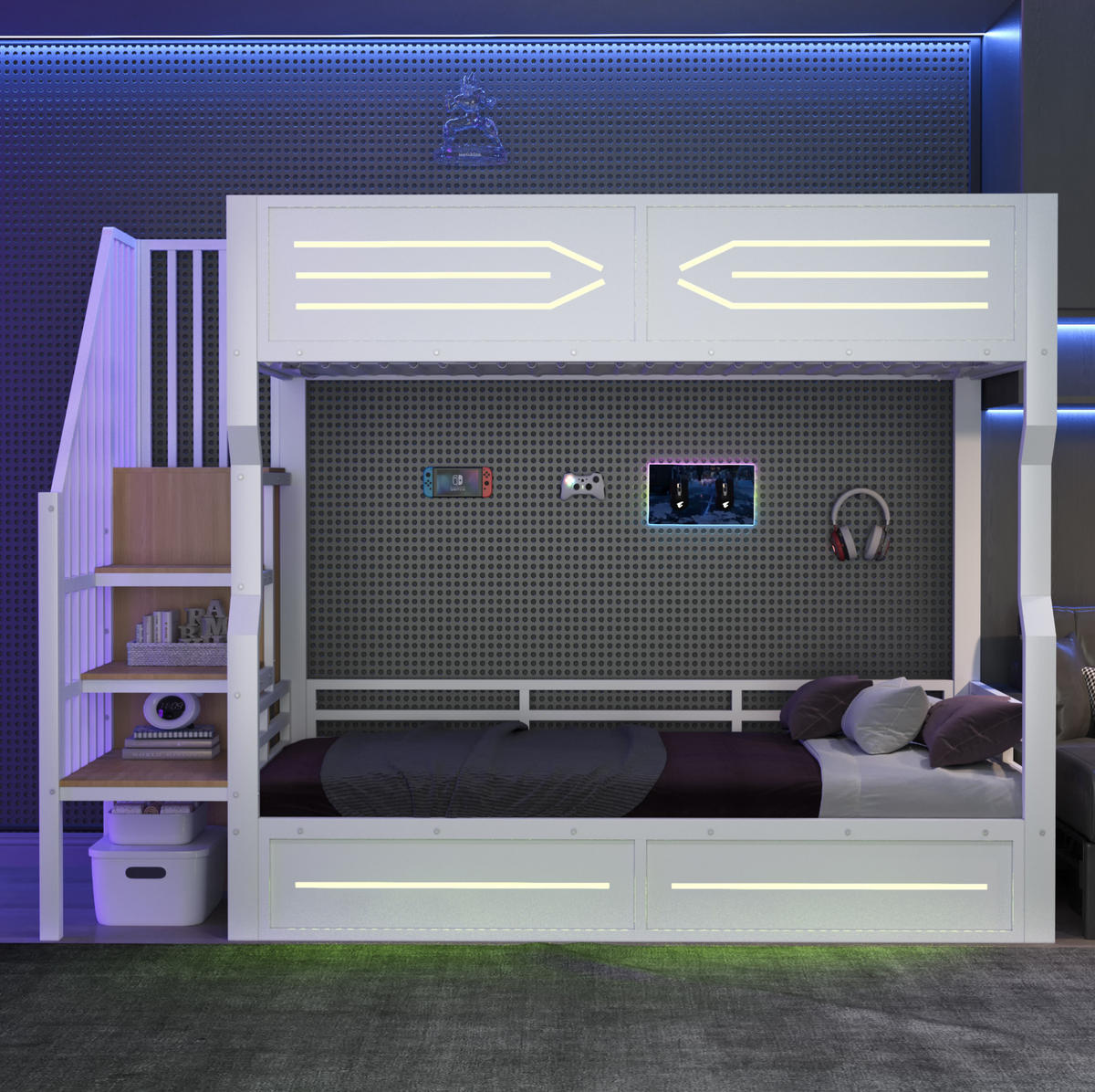 VÝŠKOVÁ posteľ 90/200 cm biela s LED osvetlením, úložnými schodmi a skriňou z MDF a kovu - biela, kompozitné drevo (90/200cm) - OKWISH