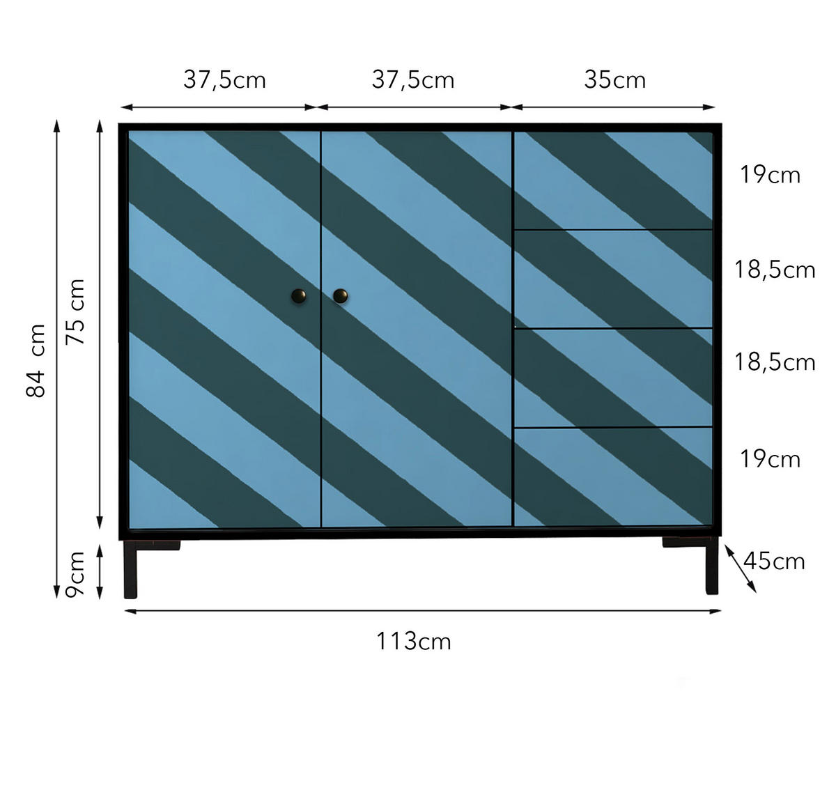 KOMMODE mit 2 Türen und 4 Schubladen aus MDF mit Walddruck WILMA - Türkis, Holzwerkstoff (45/84/113cm) - RNT By Really Nice Things