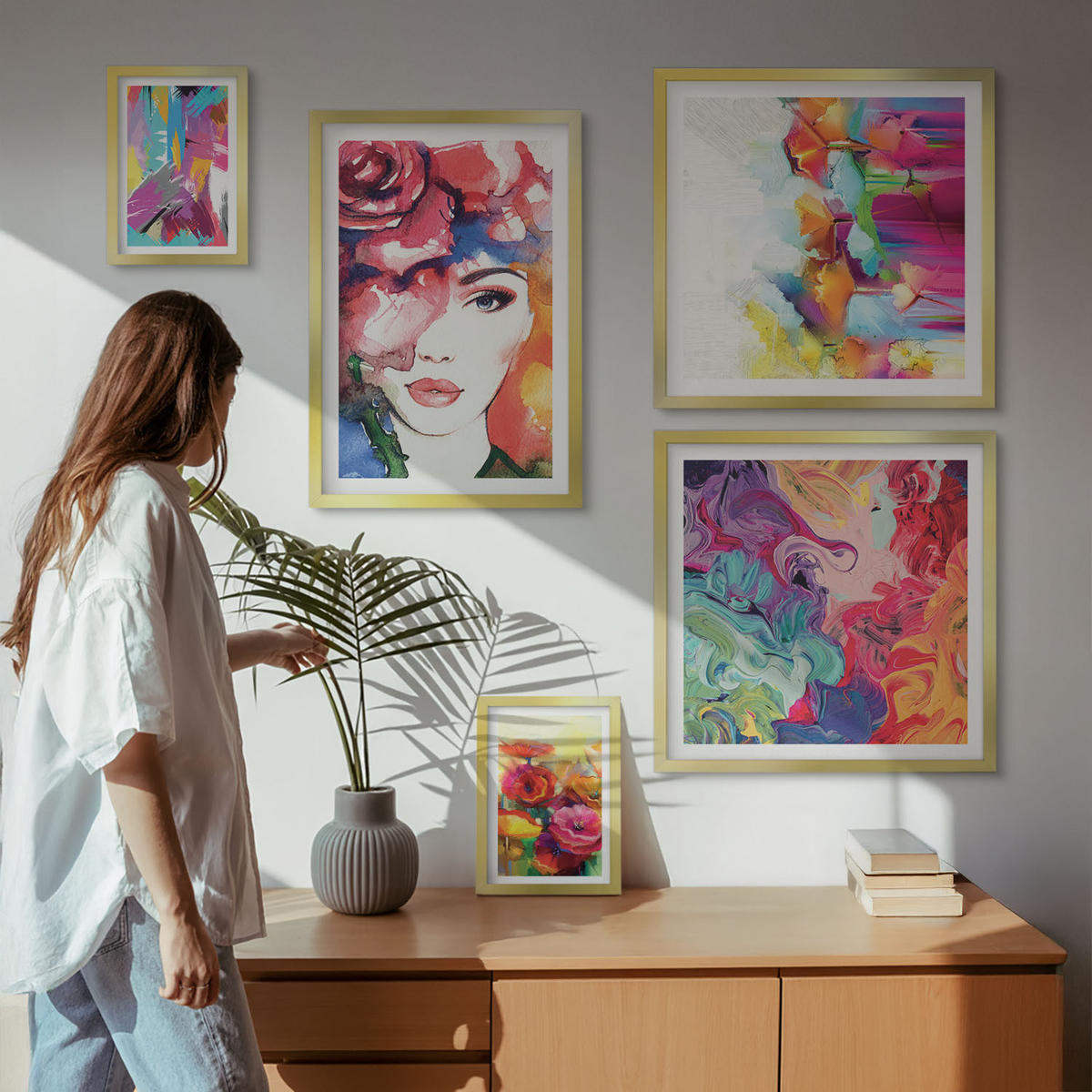 BILDER SET 5er Set - 50x50 cm & 20x30 cm & 40x60 cm Goldrahmen - Farbenfrohe Abstraktionen der Form - Goldfarben, Kunststoff (40/60cm) - TULUP
