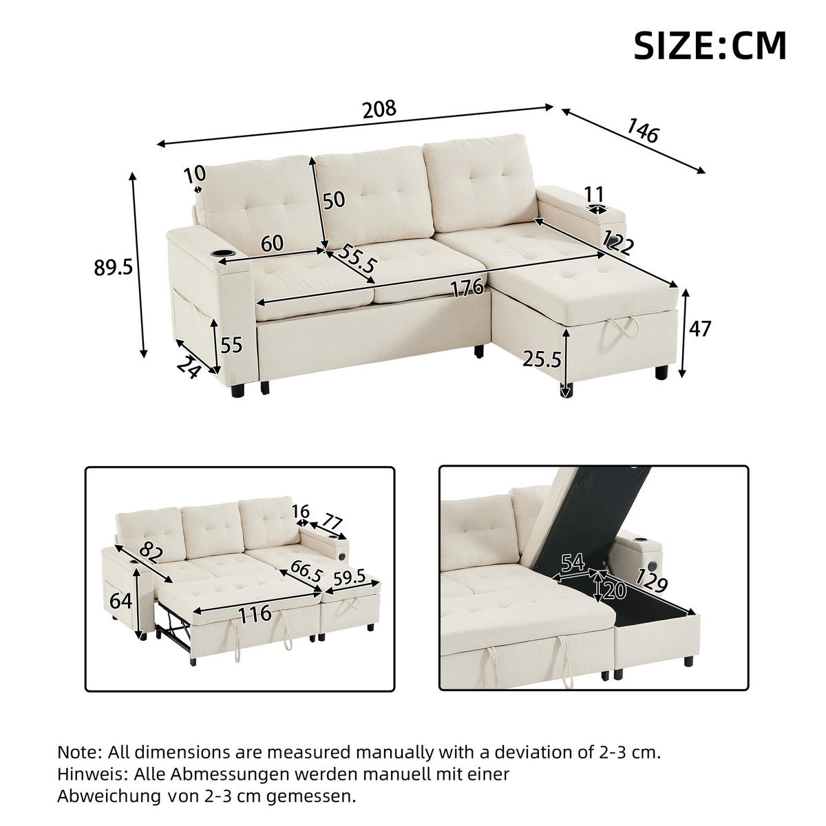 SCHLAFSOFA, Stoff mit Stauraum & LED-Lichtleiste, 208/146/89,5 cm, Beige - Beige, Textil (146/89.5/208cm) - Redom